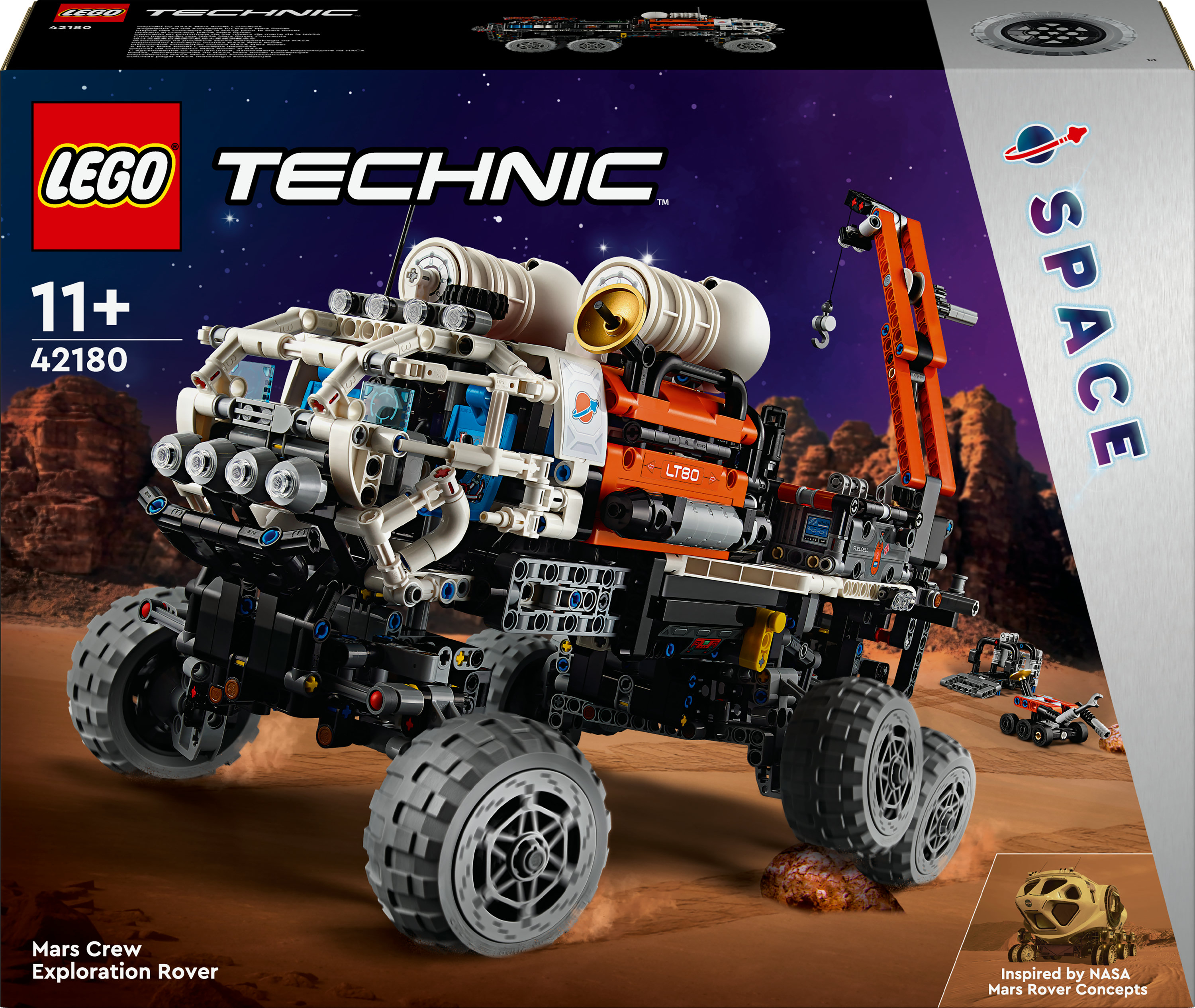 Pudełko zestawu Lego Technic Mars Crew Exploration Rover. Pudełko przedstawia łazik, przestrzeń kosmiczną i logo NASA.