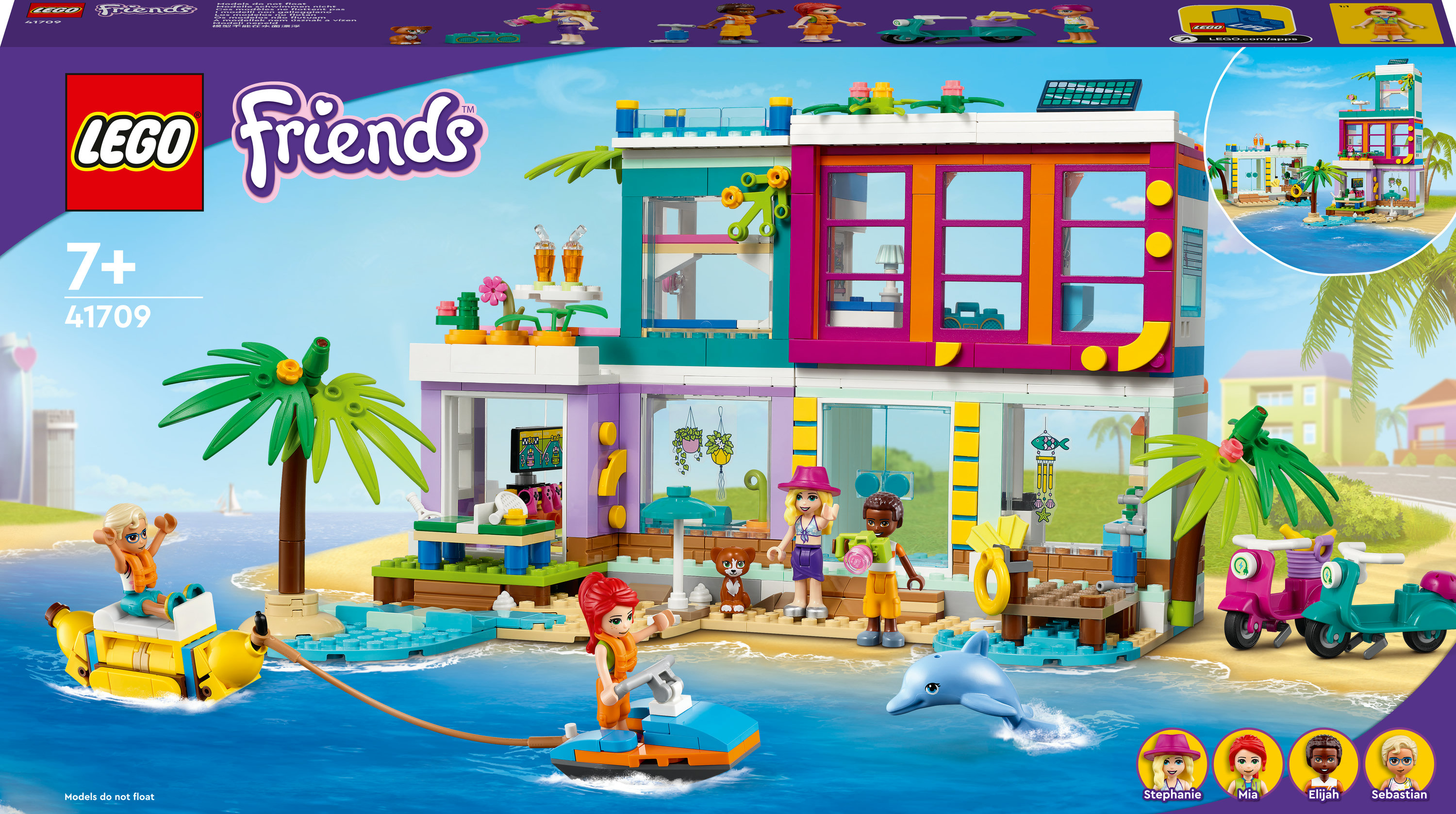 Een Lego Friends set met een strandhuis, figuren en een waterscooter.
