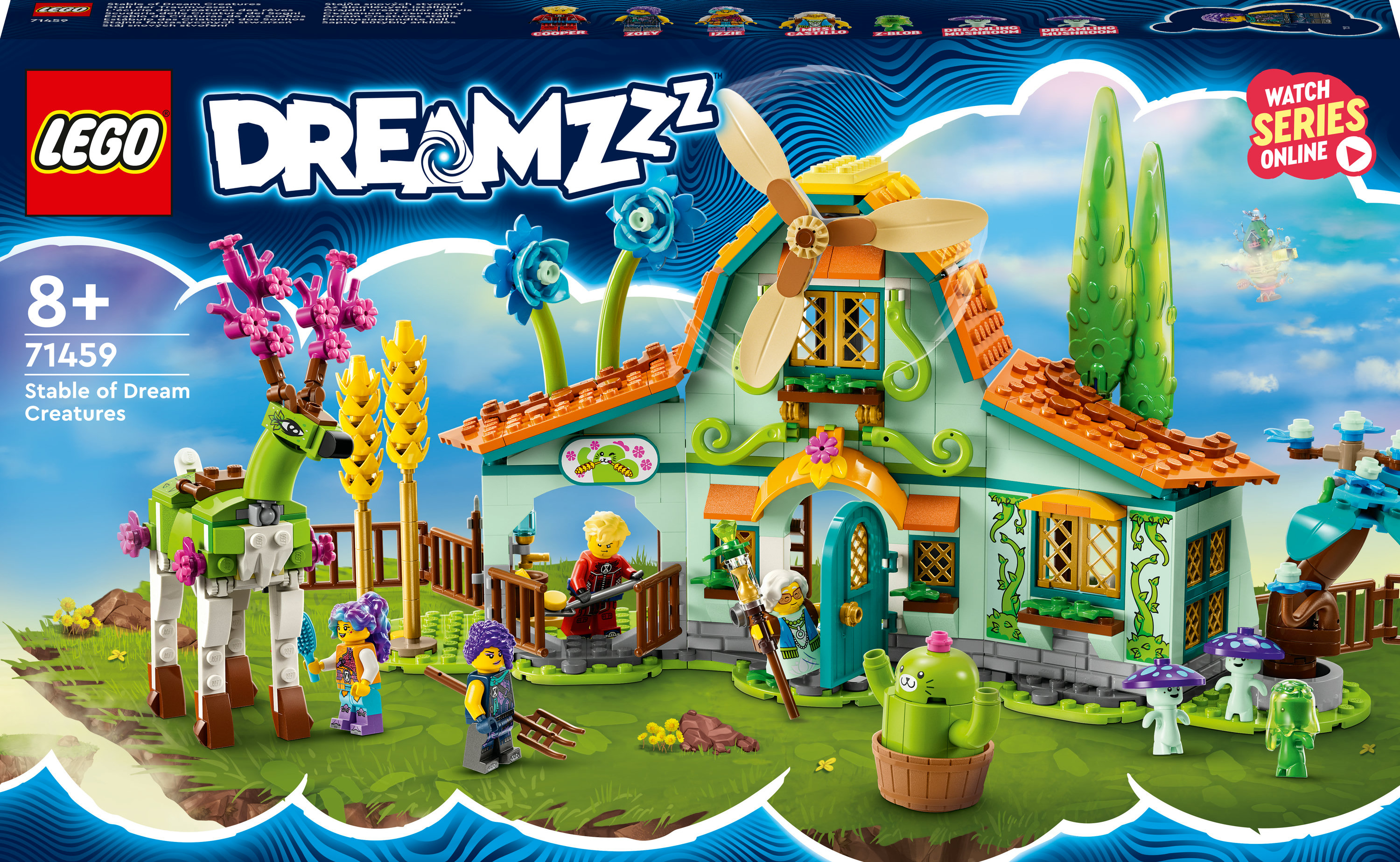 Lego Dreamzzz Set mit einer Windmühle, Figuren und einem grünen pferdeähnlichen Wesen.