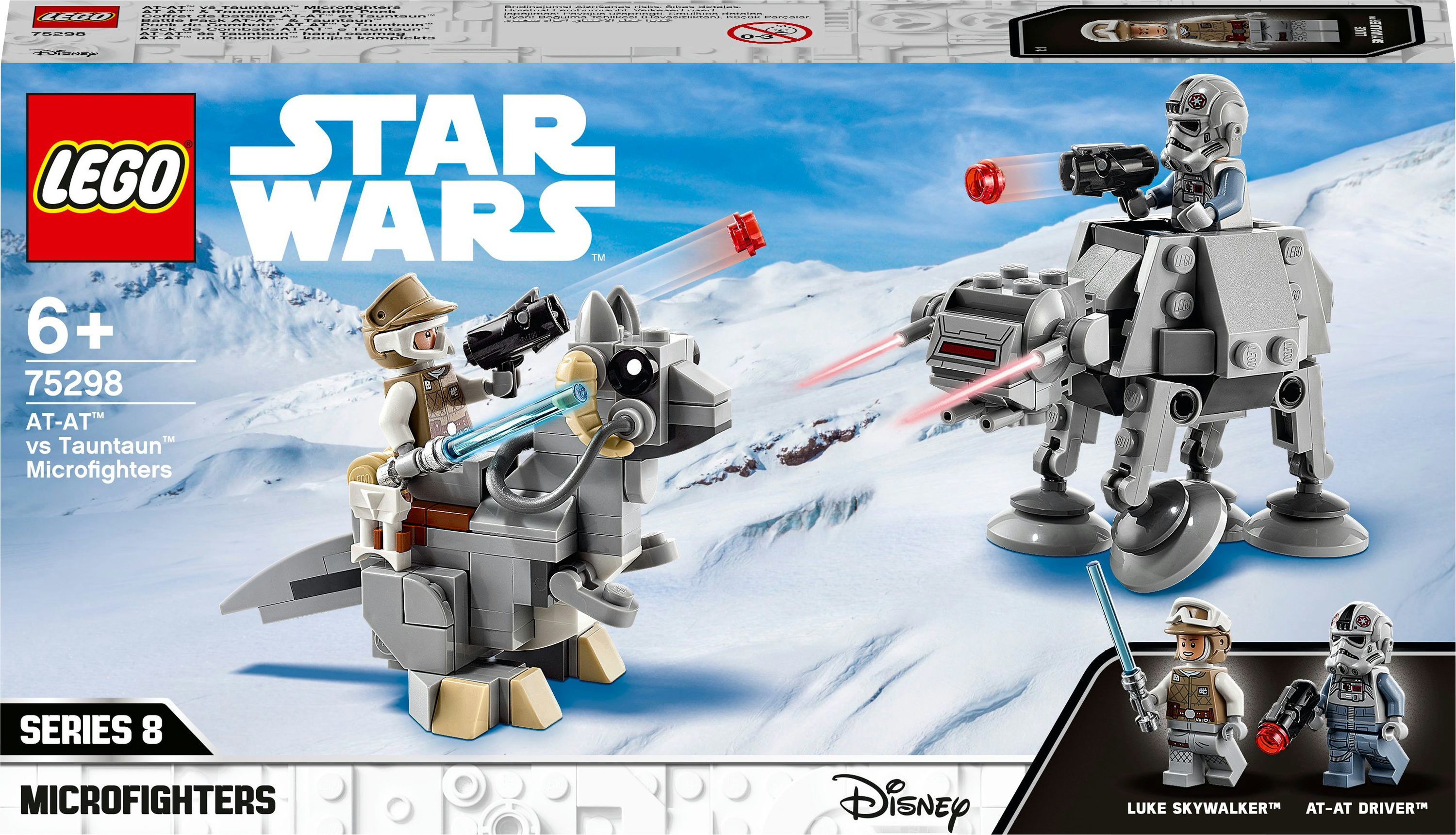 LEGO Star Wars Set-Box mit AT-AT vs. Tauntaun Microfighters. Zeigt Charaktere und einen verschneiten Hintergrund.