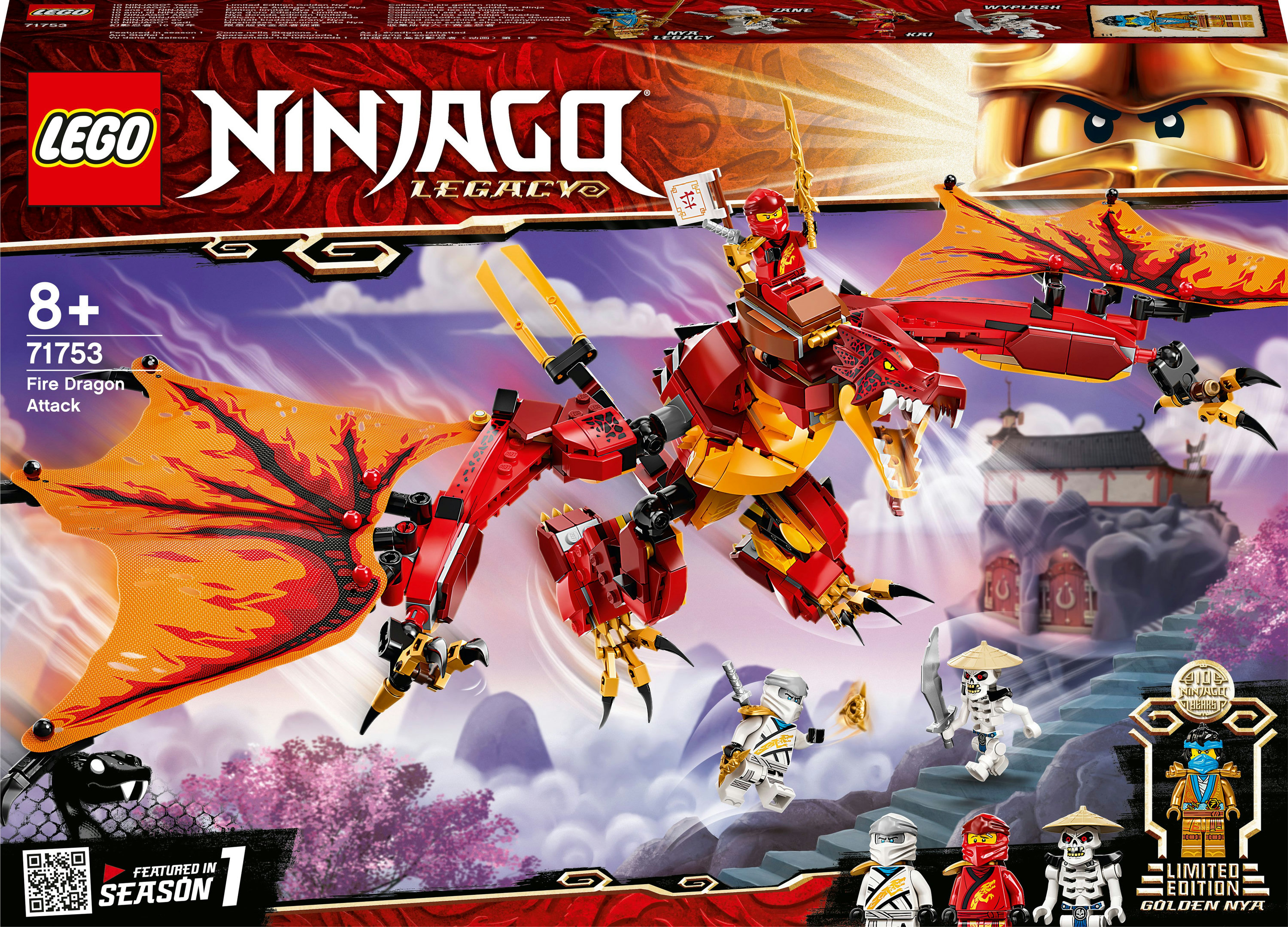 Scatola del set LEGO Ninjago con un drago rosso e diversi personaggi ninja.
