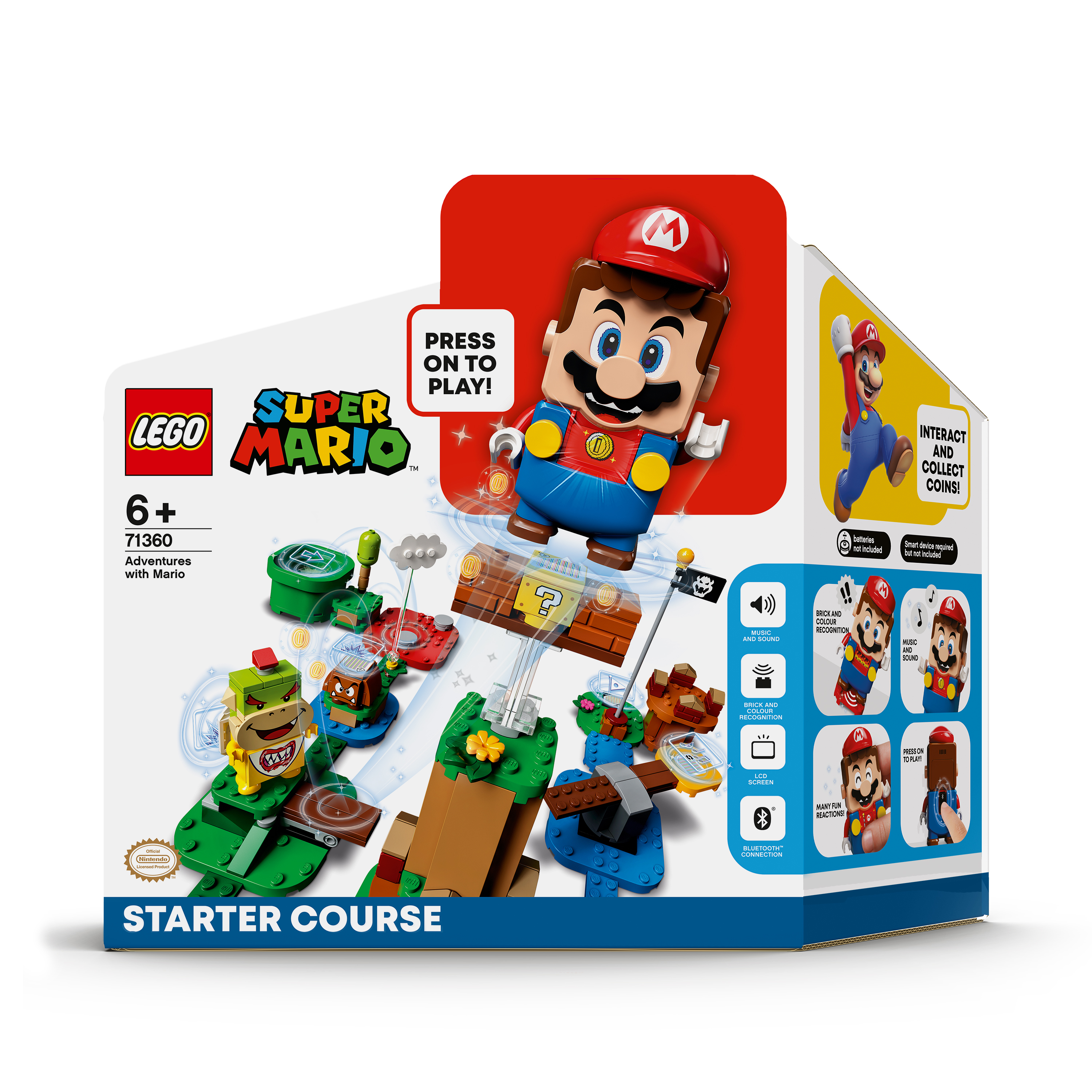 Set Lego Super Mario con personaggio di Mario e componenti di costruzione, su sfondo bianco.