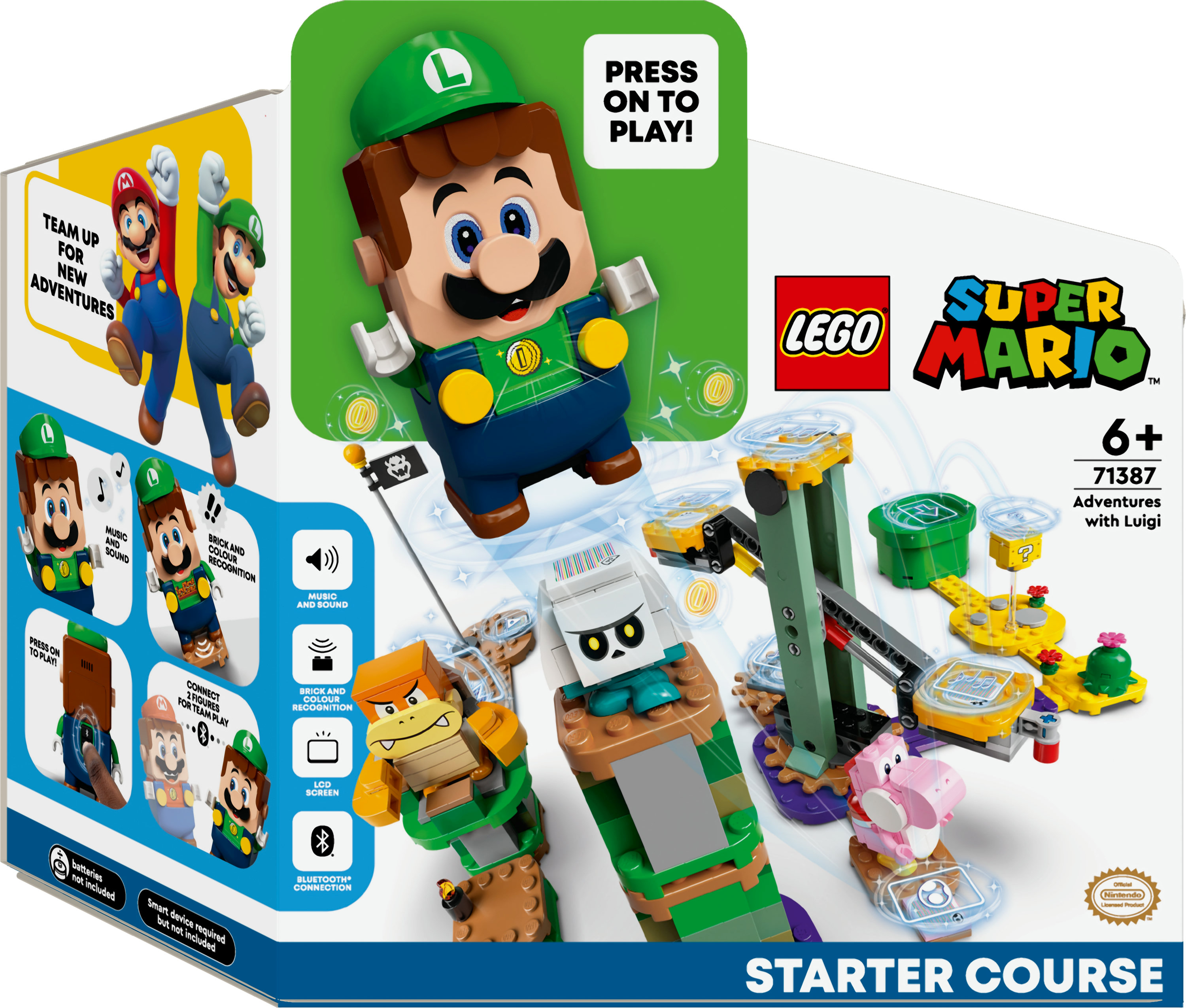 Lego Super Mario Set-Box. Luigi-Figur auf der Vorderseite. Box zeigt Starter-Kurs mit Lego-Teilen.