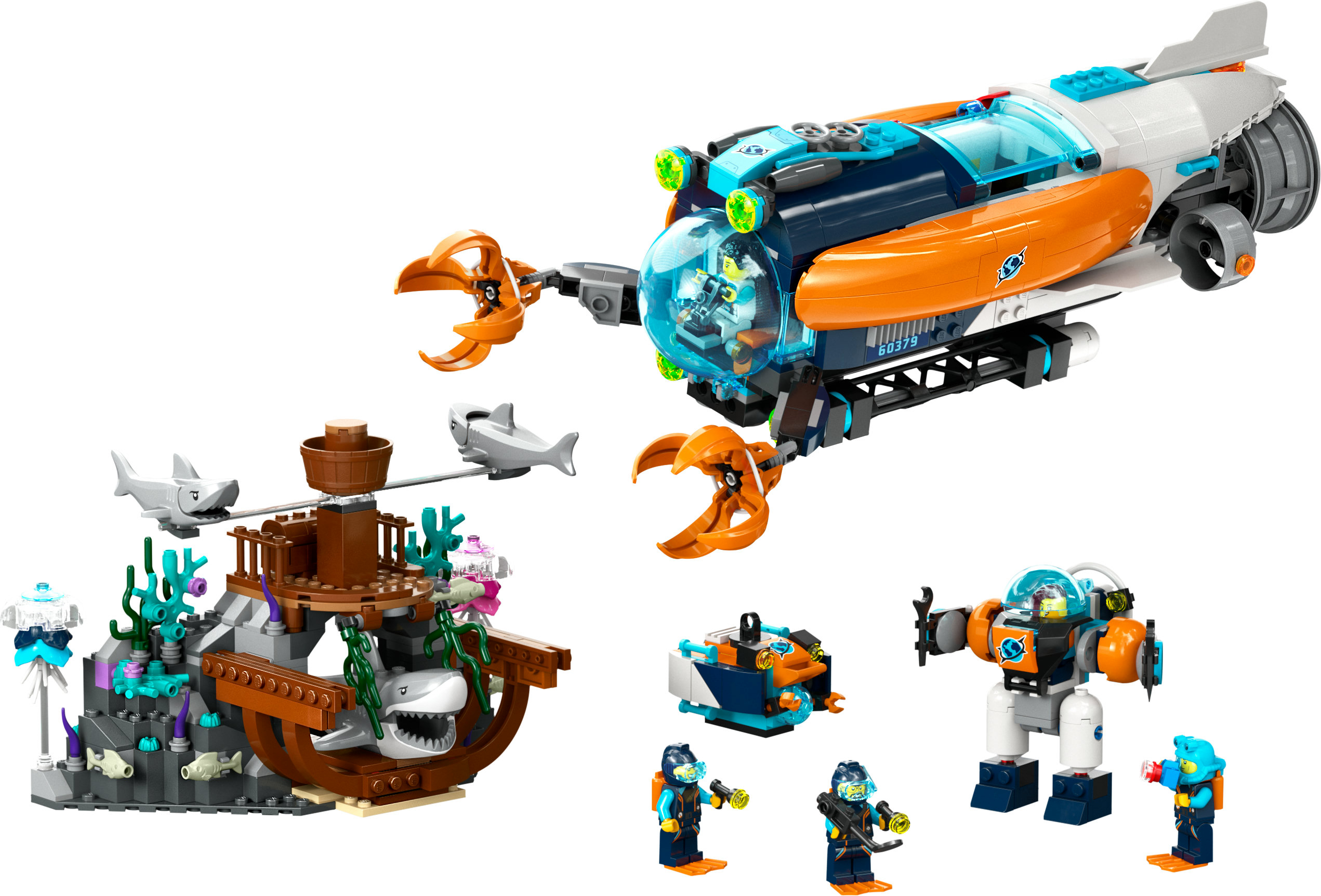 Zestawy Lego City Deep Sea Explorer z łodzią podwodną, nurkami i modelami życia morskiego.