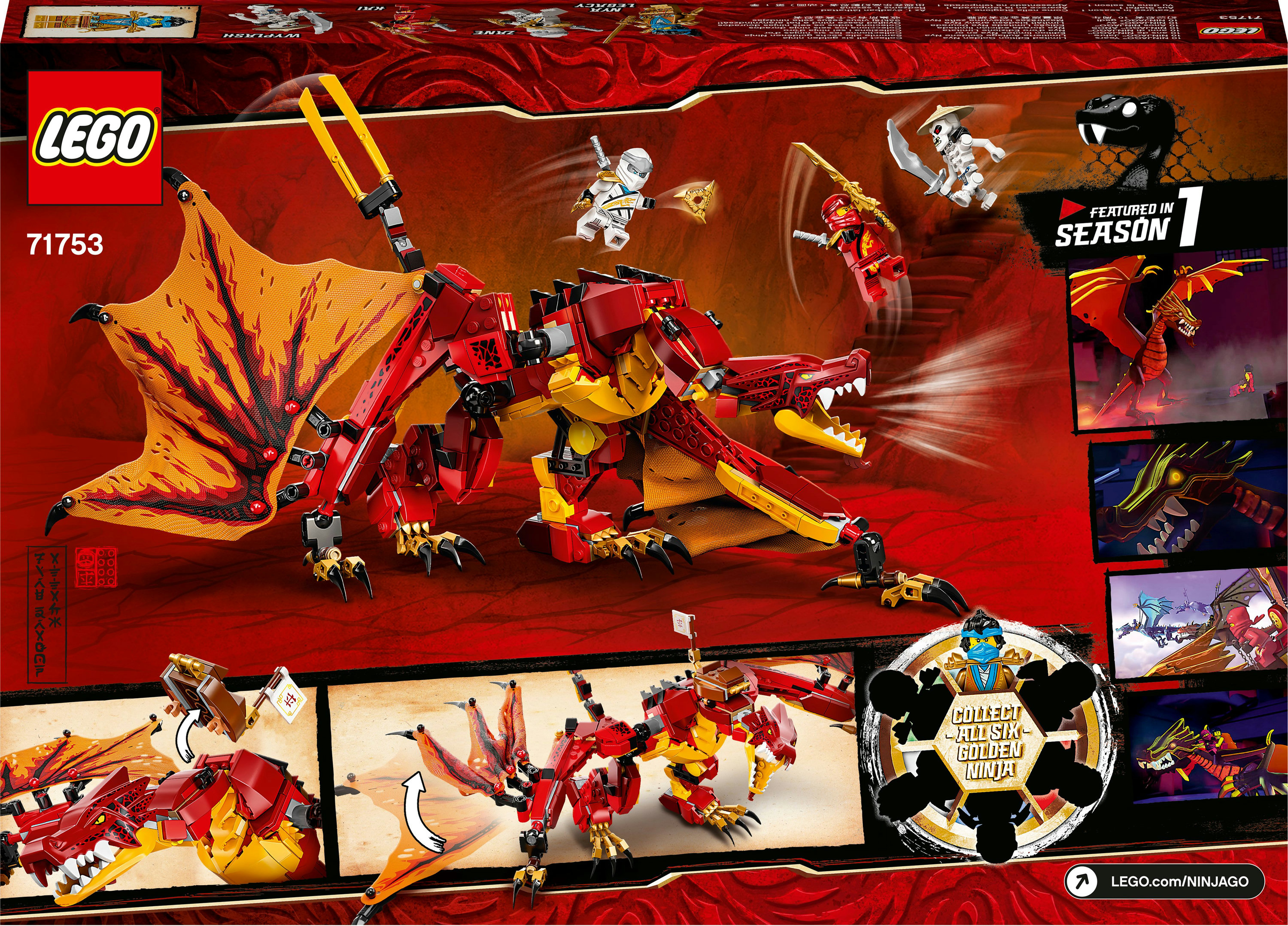 Scatola del set Lego Ninjago, che mostra un drago, personaggi e scene d'azione su sfondo rosso.