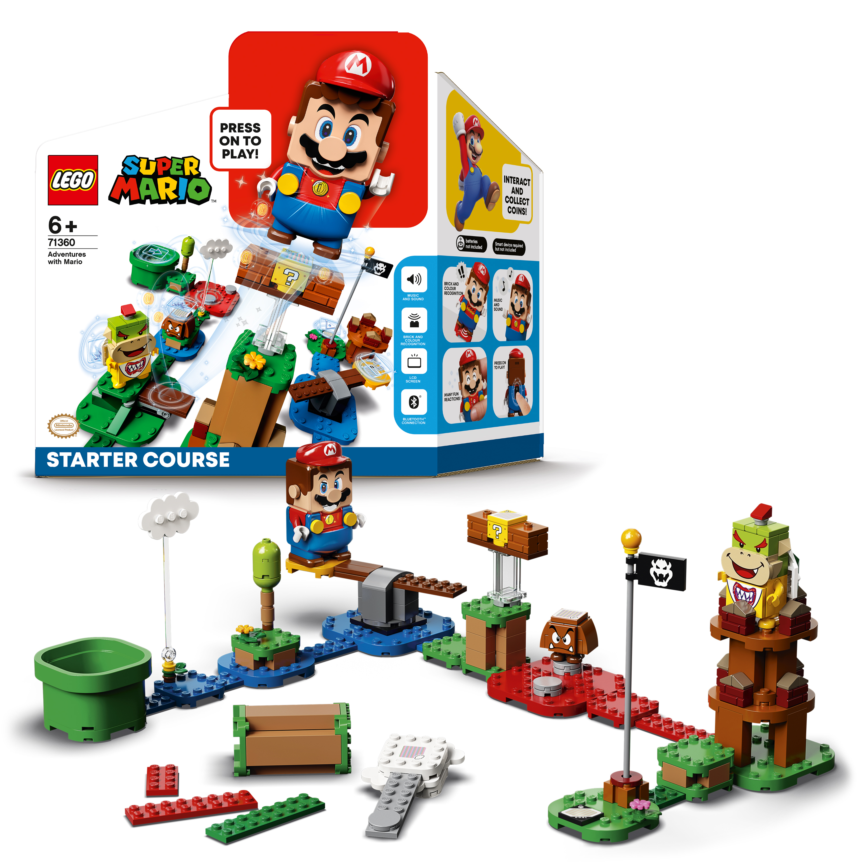 Set Lego Super Mario con personaggio di Mario su un percorso a ostacoli.