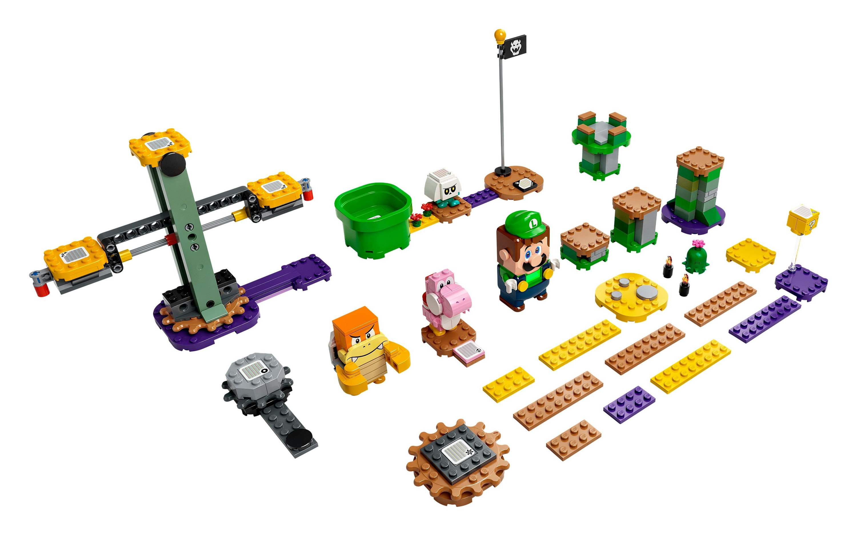 Lego Super Mario Set mit verschiedenen Charakteren und Level-Elementen.