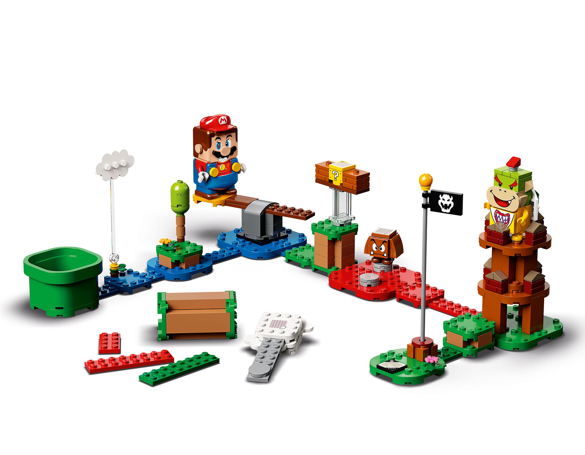 Set Lego Mario con personaggio di Mario, Bowser Jr. e vari elementi di gioco su sfondo bianco.