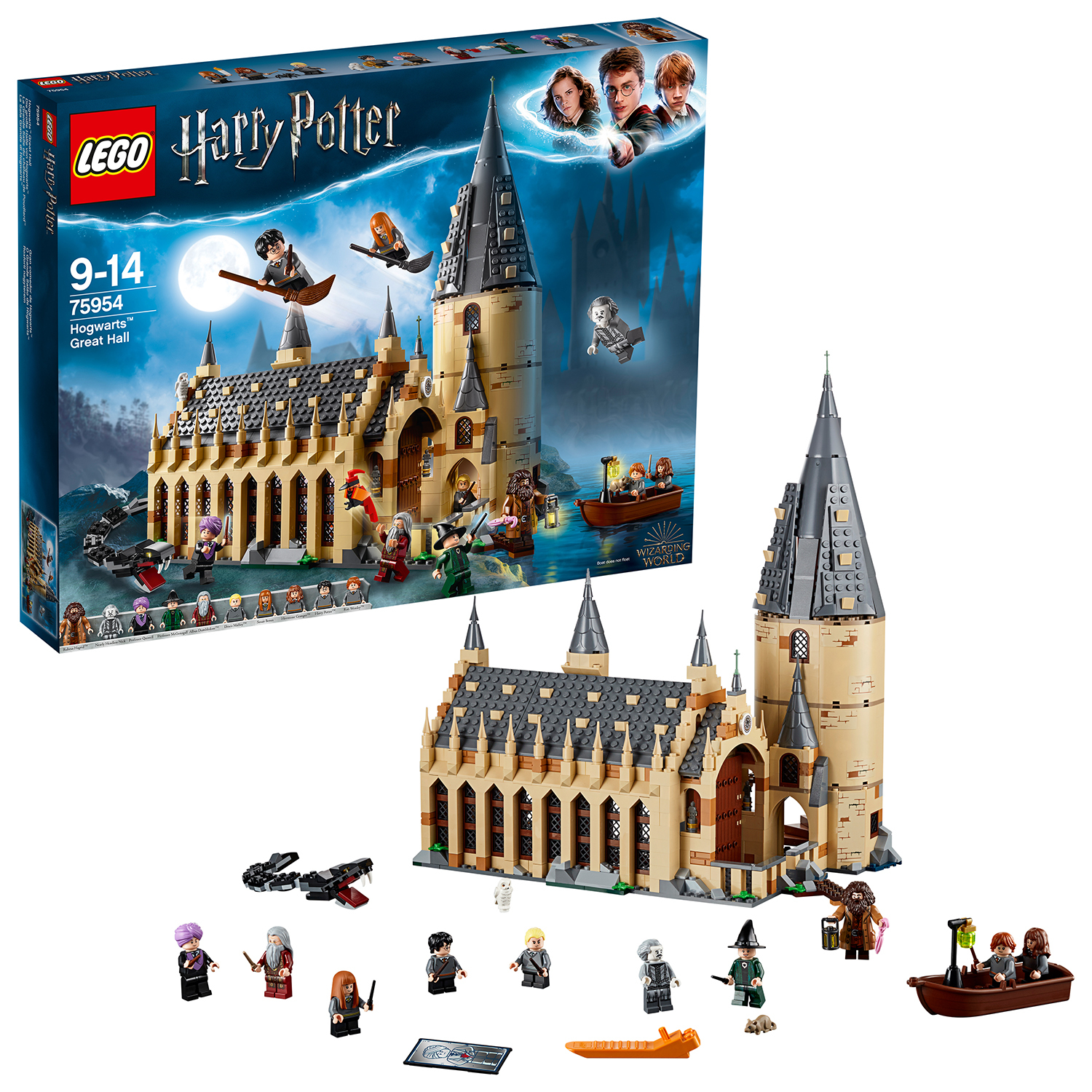 LEGO Harry Potter Hogwarts Great Hall Set. Enthält Lego-Figuren und ein Boot. Box links.