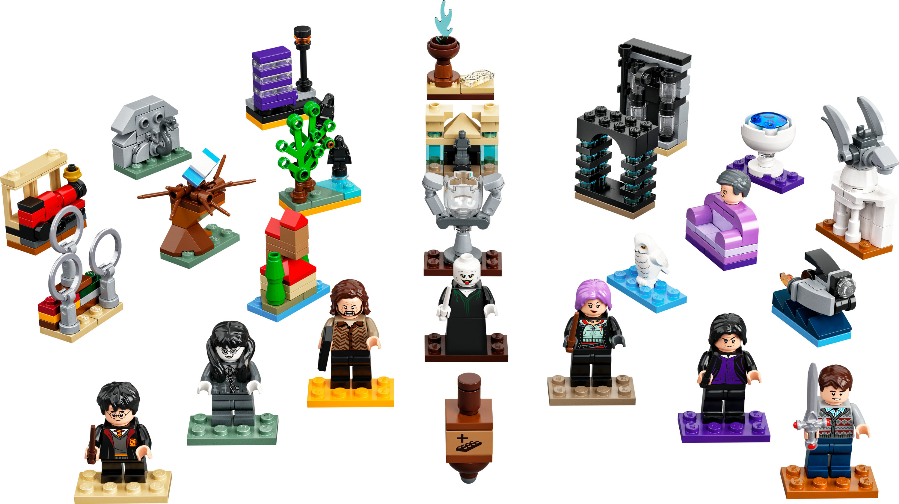Verschillende Lego Harry Potter miniaturen worden weergegeven op een witte achtergrond.