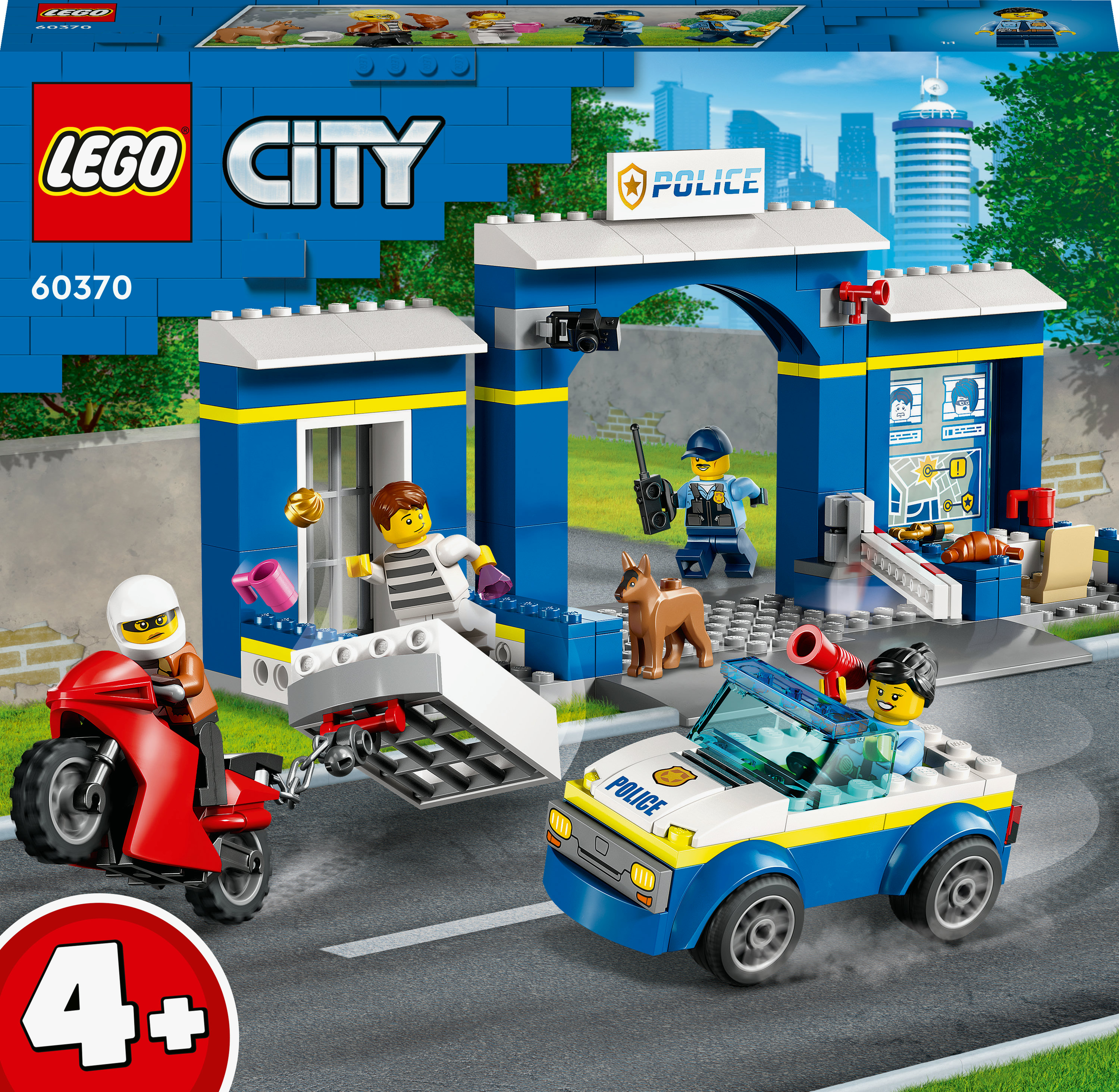 Set de la estación de policía Lego City. Un edificio azul con coche de policía, moto y figuras en acción.