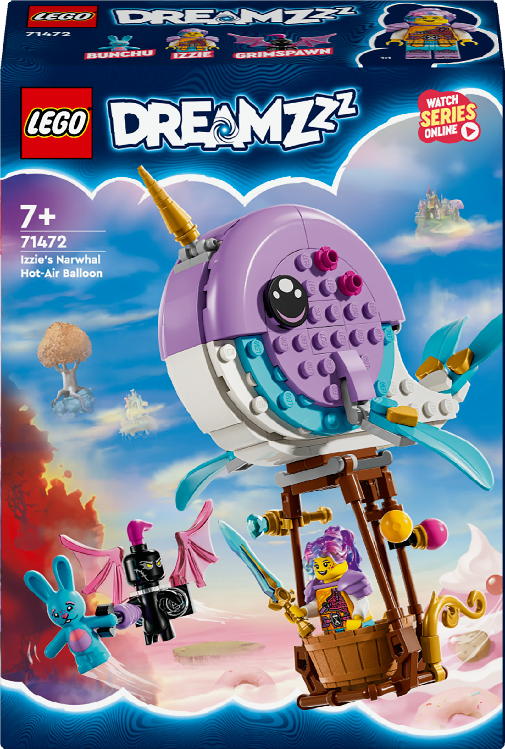 LEGO Dreamzzz Set-Box mit einem Narwal-Heißluftballon und Figuren.