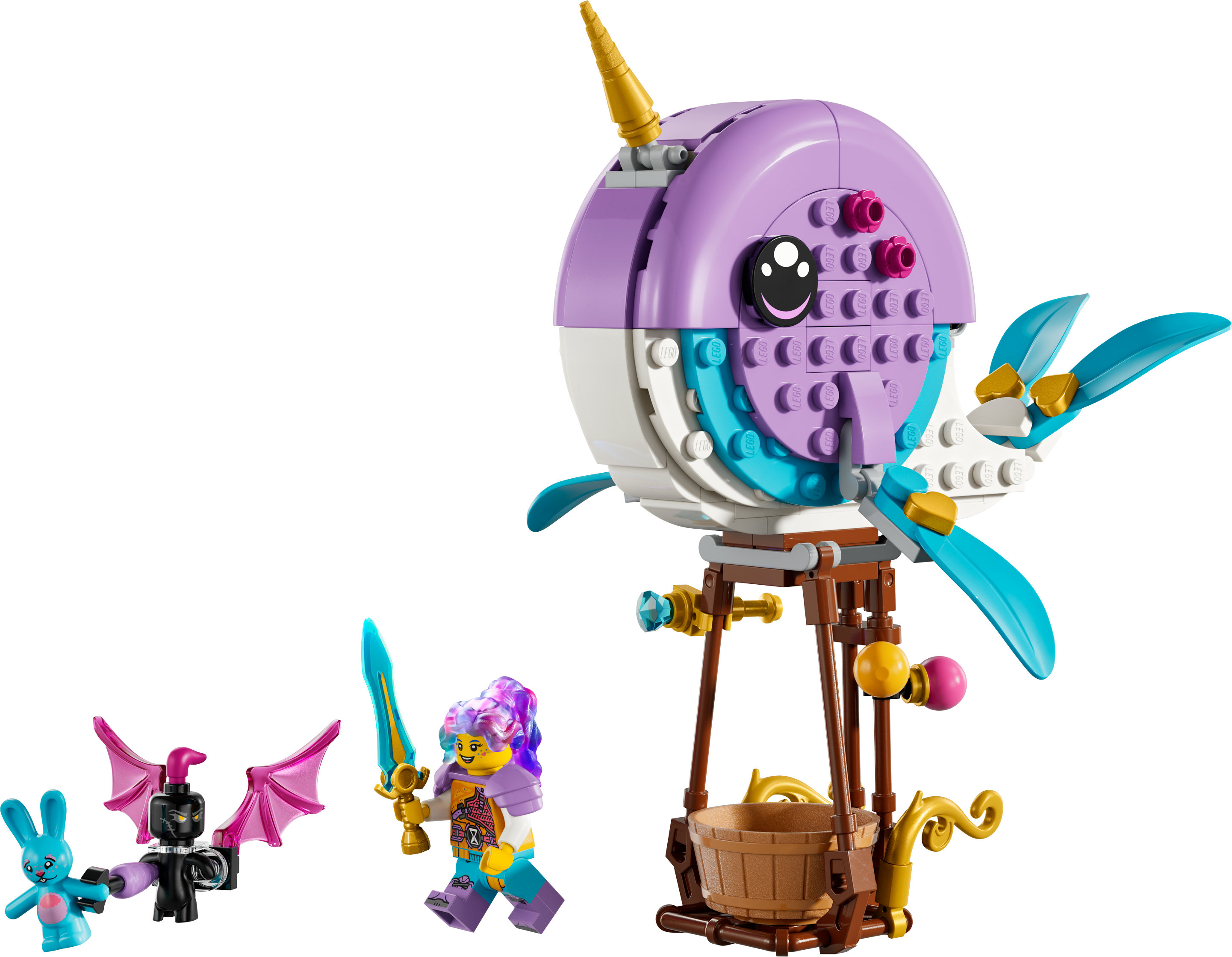 Ein Lego-Set mit einem Narwal-Heißluftballon mit Figuren auf weißem Hintergrund.