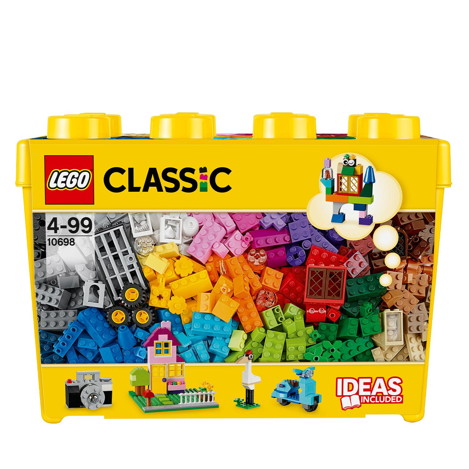 Gele LEGO Classic doos met gekleurde stenen, kleine bouwwerken en ideeën. Inclusief huis, auto en meer.