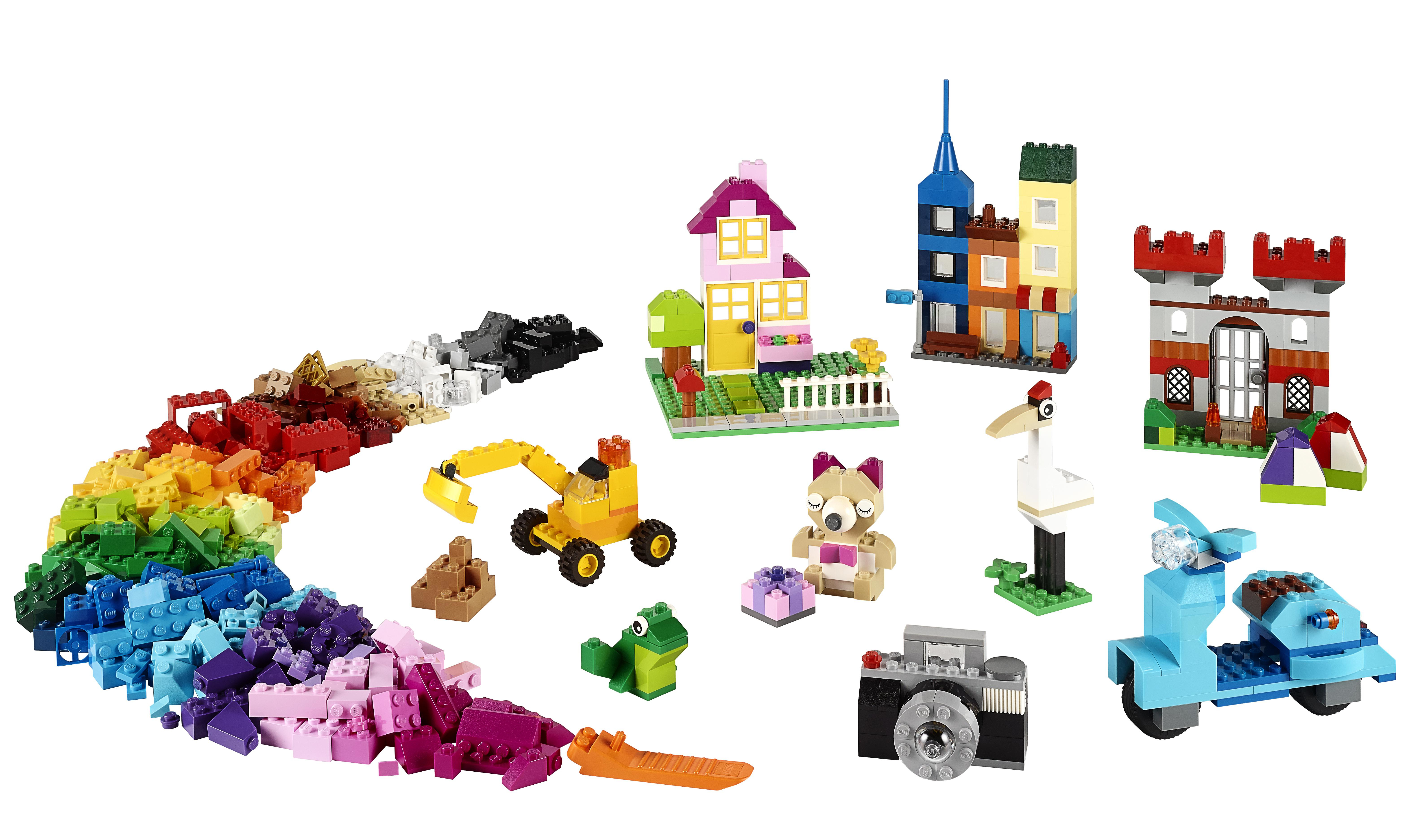 Een verzameling Lego-blokken in verschillende kleuren en vormen, gerangschikt om verschillende structuren te vormen.