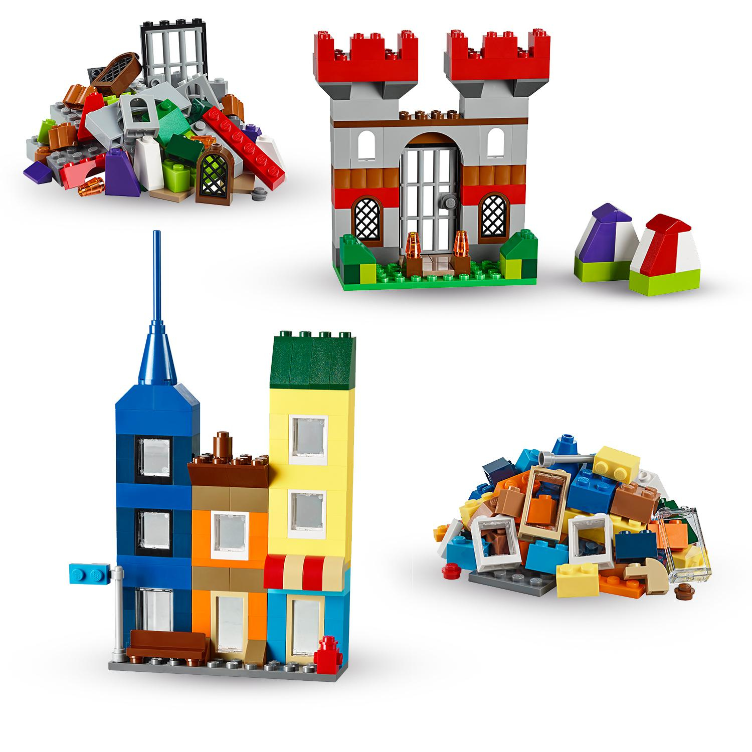 Lego-stenen vormen verschillende gebouwen en structuren. Verschillende kleuren en vormen.