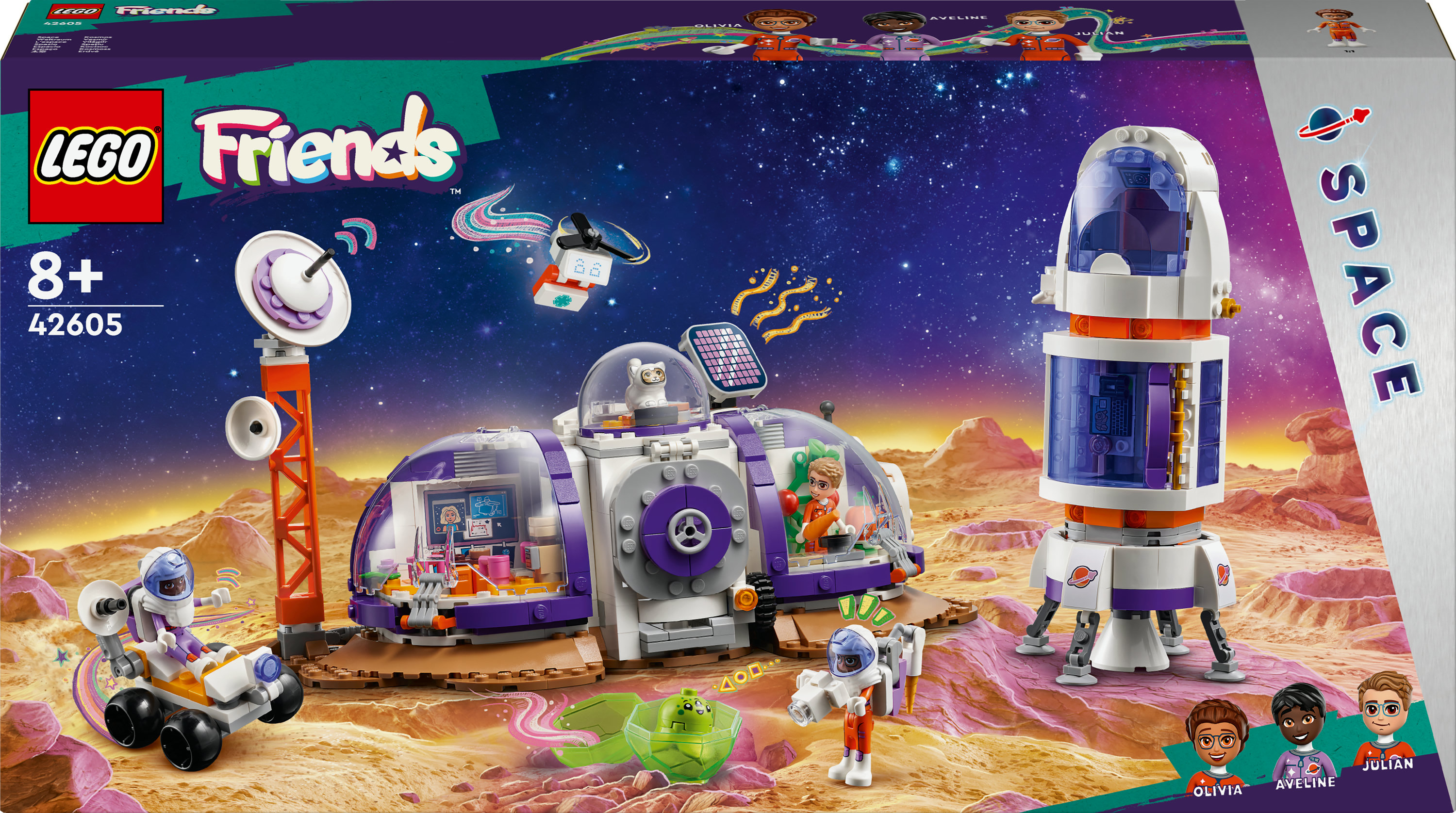 LEGO Friends Space set box. Bevat een ruimtestation en een raket.