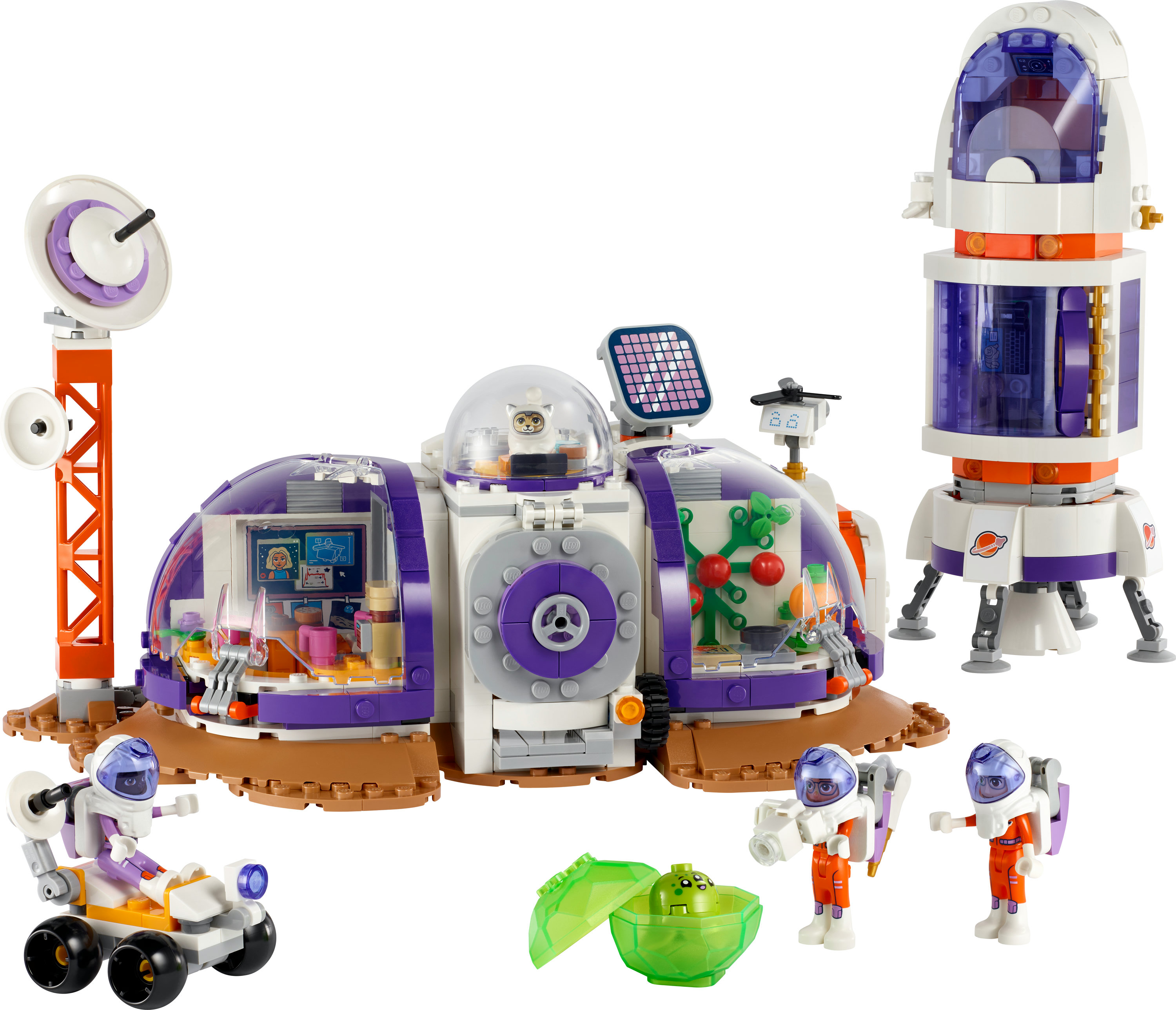 Lego-set van een ruimtebasis, een raket en astronautenfiguren. Paarse, witte en oranje kleuren.