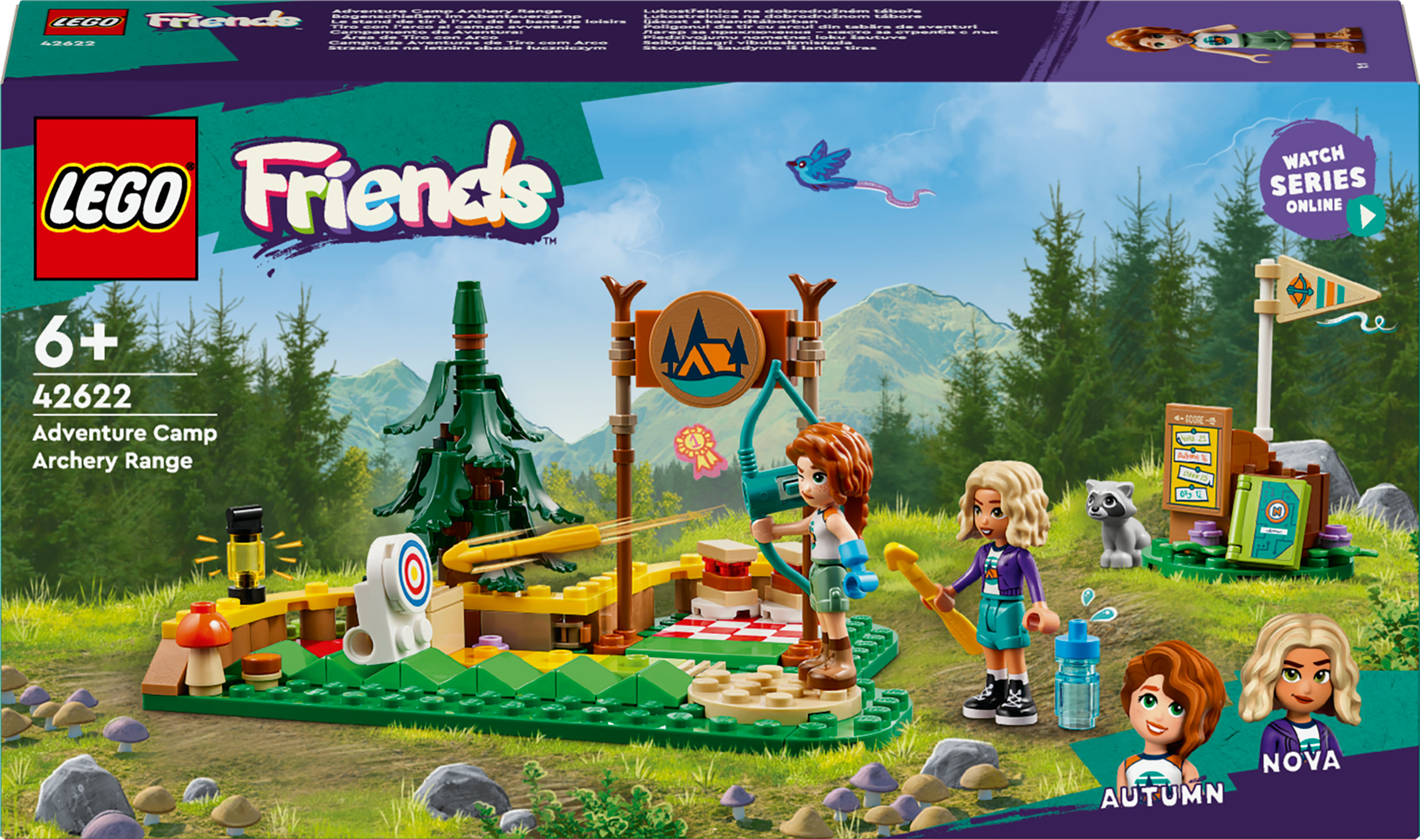 Zestaw Lego Friends przedstawiający scenę obozową z postaciami i tłem leśnym.