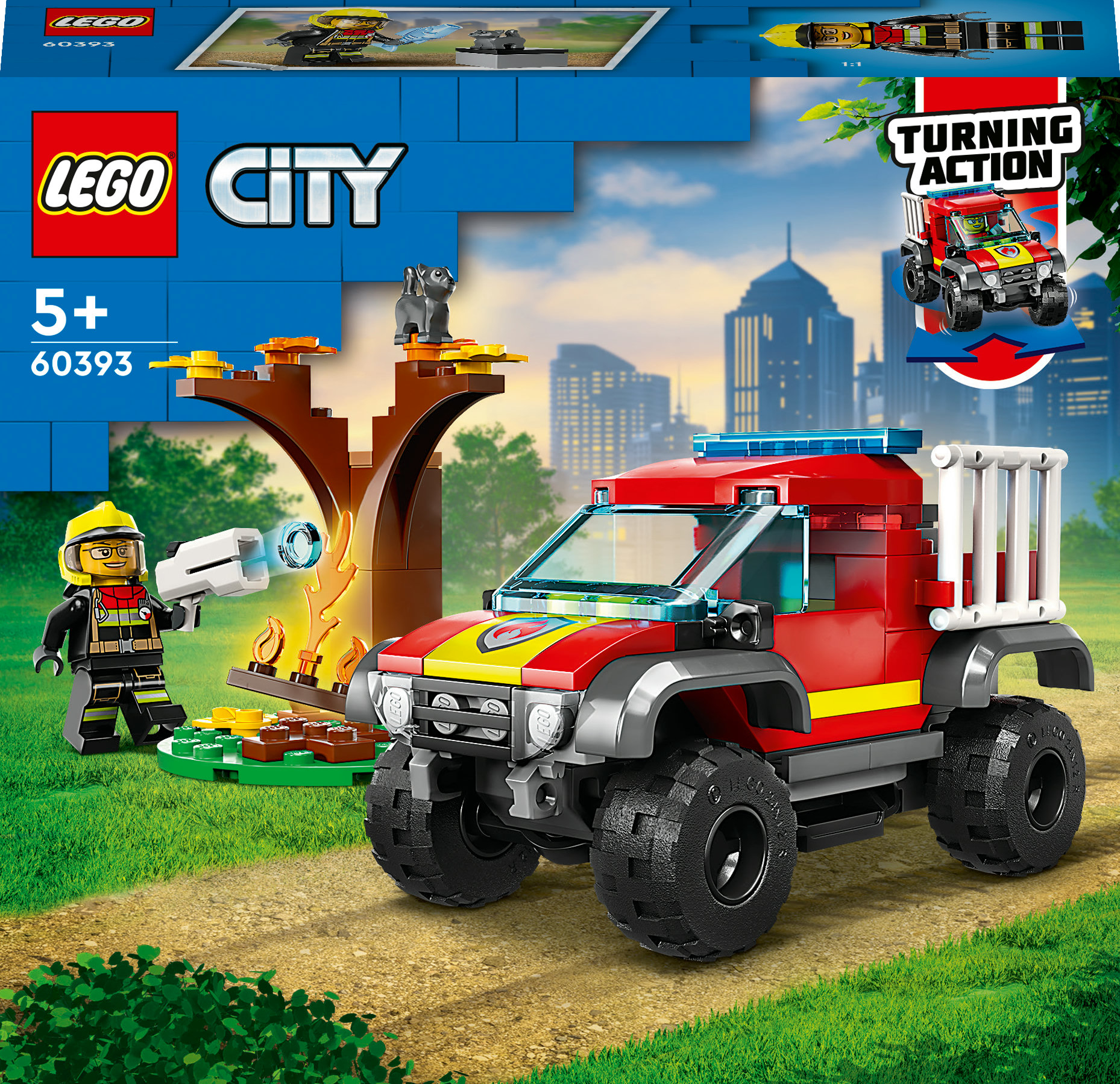 Ein Lego City Set mit einem roten Feuerwehrauto, einem Feuerwehrmann und einem Hund. Ein Baum brennt.