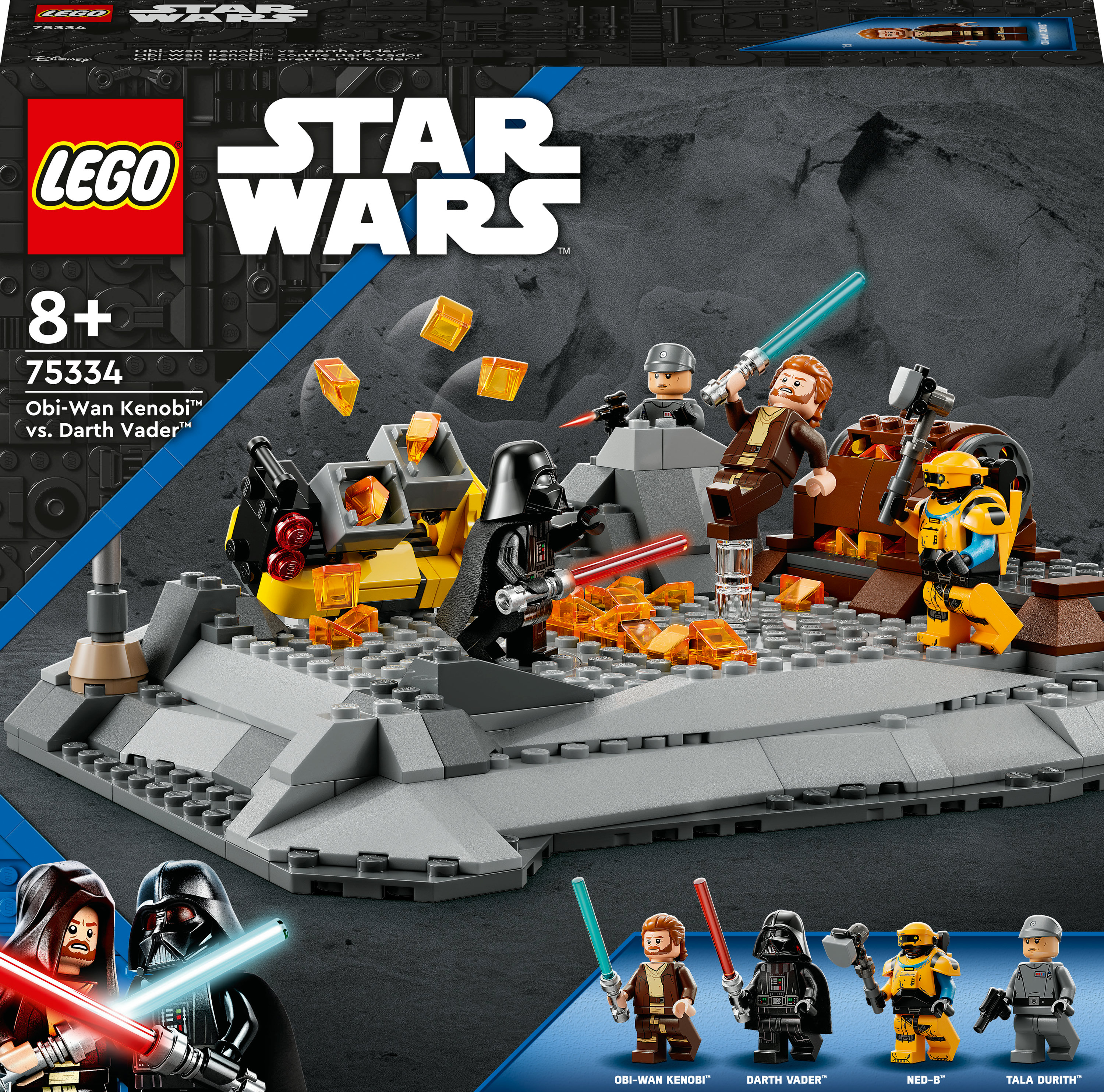 Lego Star Wars Set. Obi-Wan vs. Darth Vader Szene mit Minifiguren und felsiger Basis.