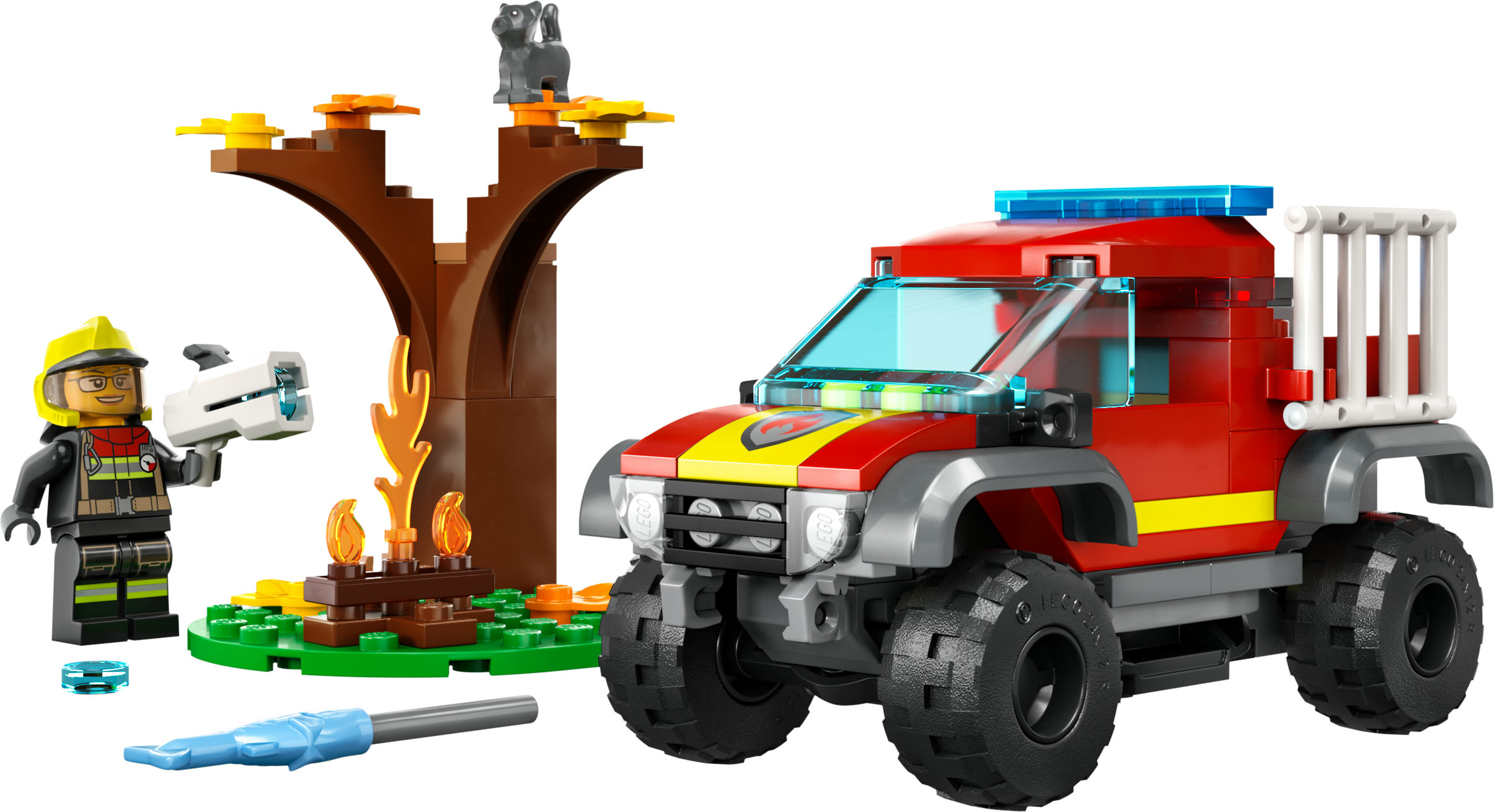 Lego City Feuerwehrauto-Szene, einschließlich eines Feuerwehrmanns, Feuer und eines Baumes.