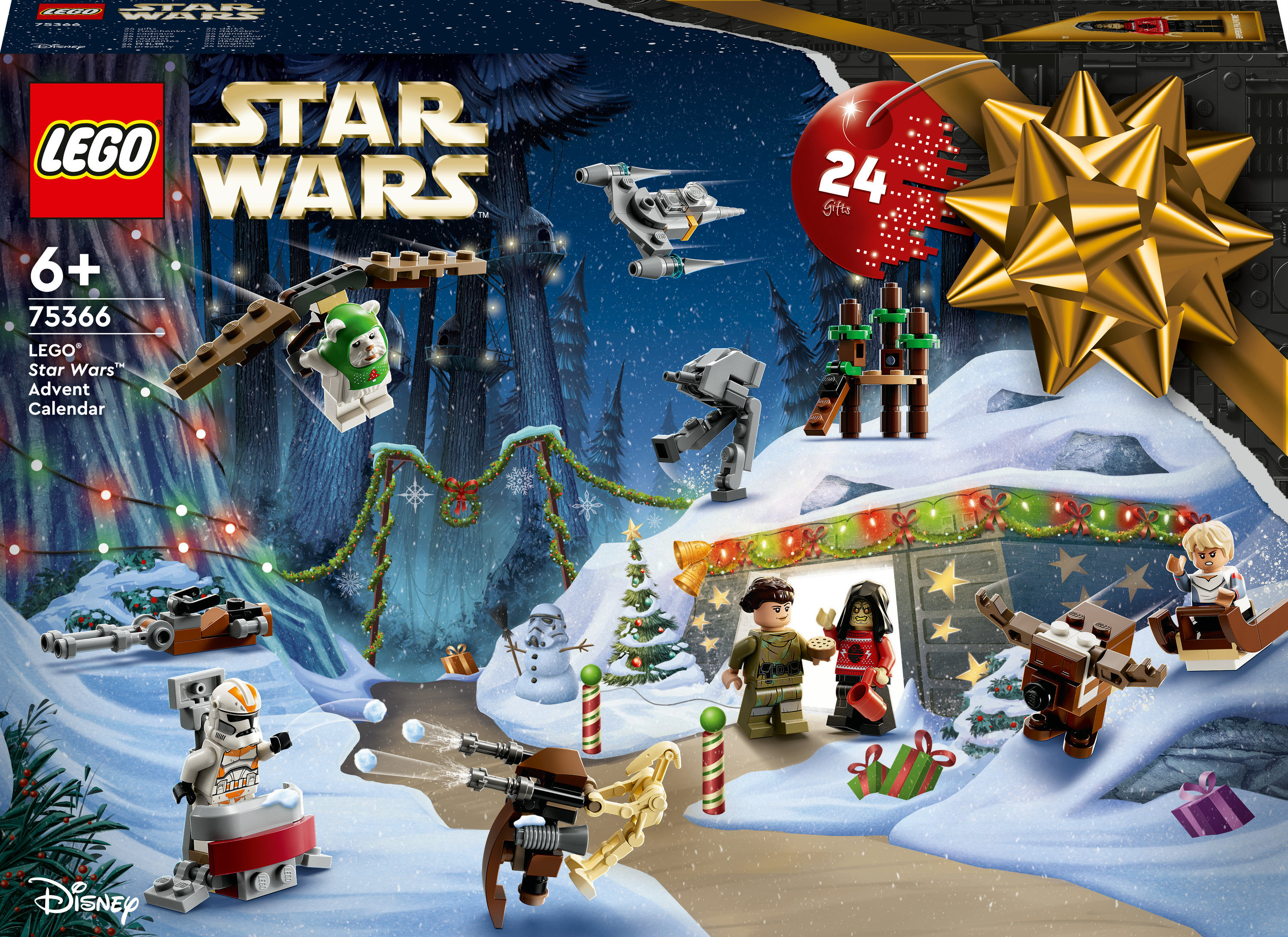 Pudełko kalendarza adwentowego Lego Star Wars ze śnieżną scenerią i dużą kokardą.