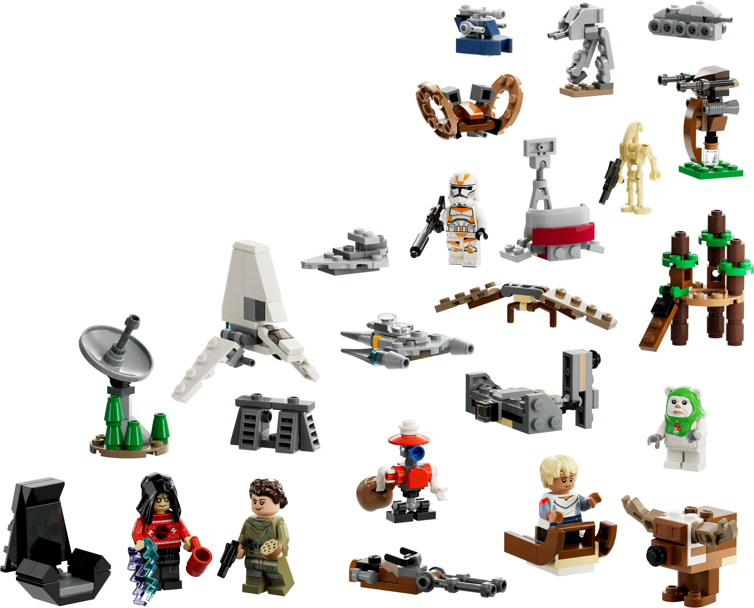 Kolekcja różnych małych modeli i minifigurek LEGO Star Wars.