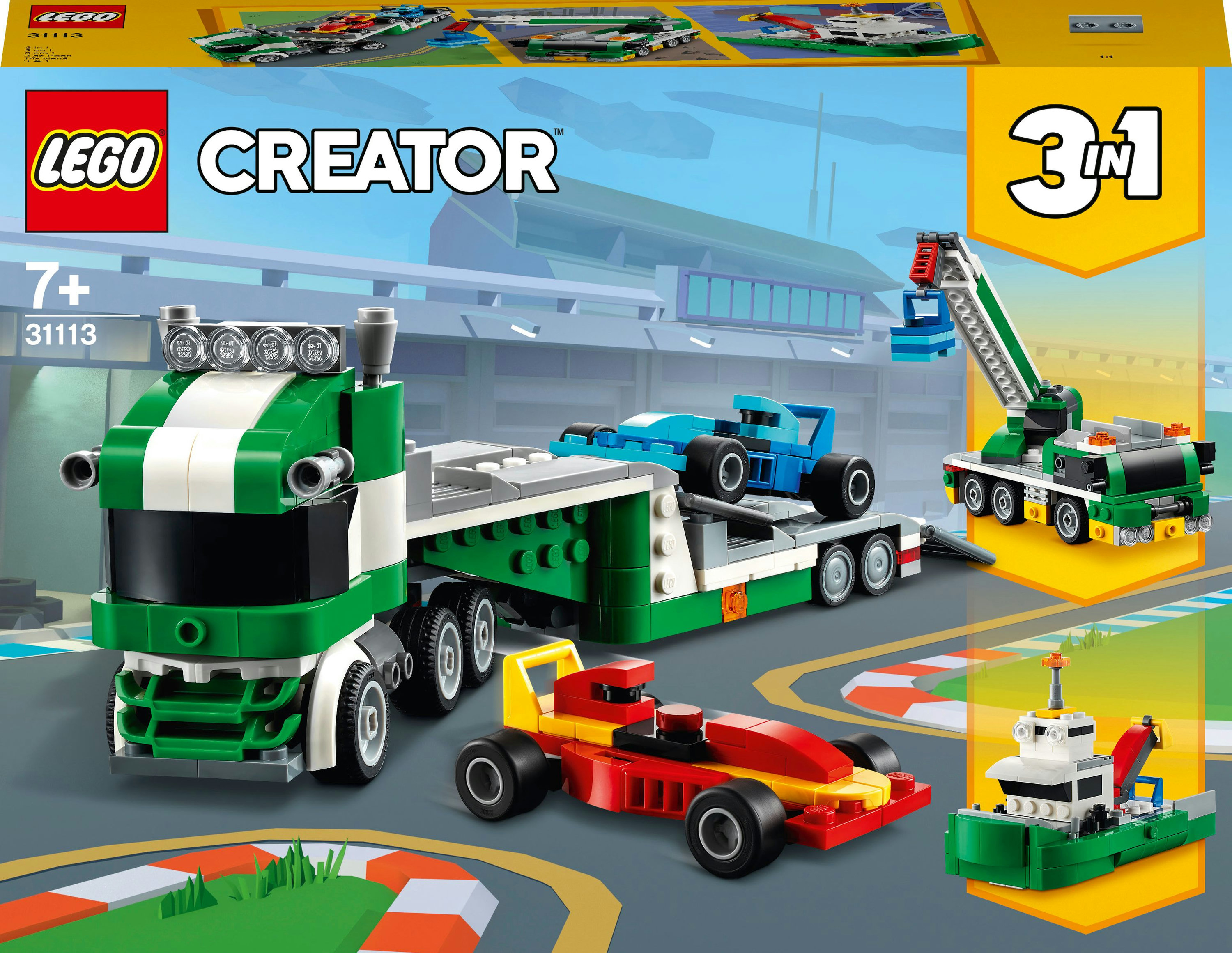 Lego-Set-Box mit einem Lastwagen, Rennwagen und einem Kran.