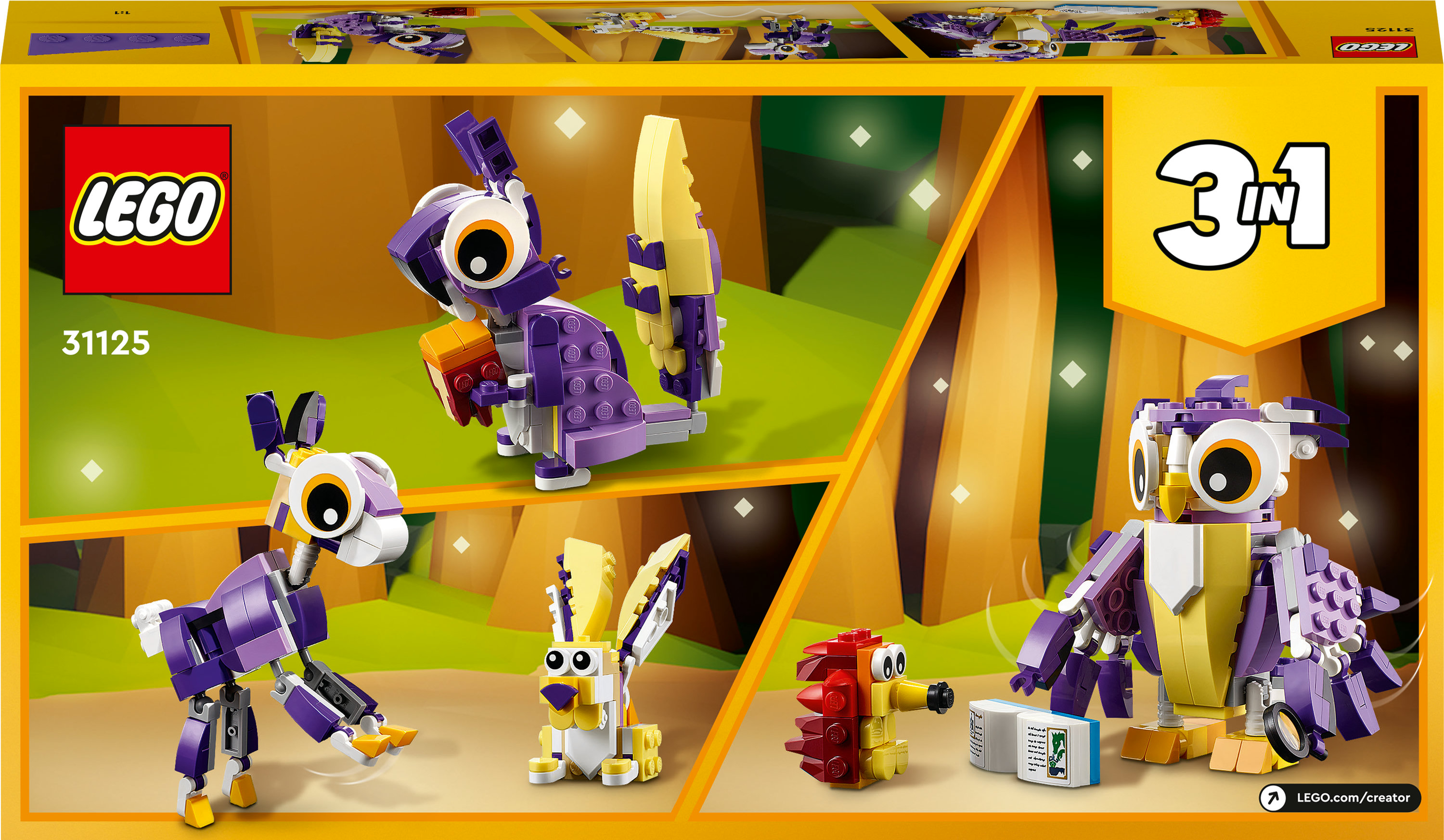 Set de Lego con varias figuras de animales morados y blancos sobre un fondo amarillo.