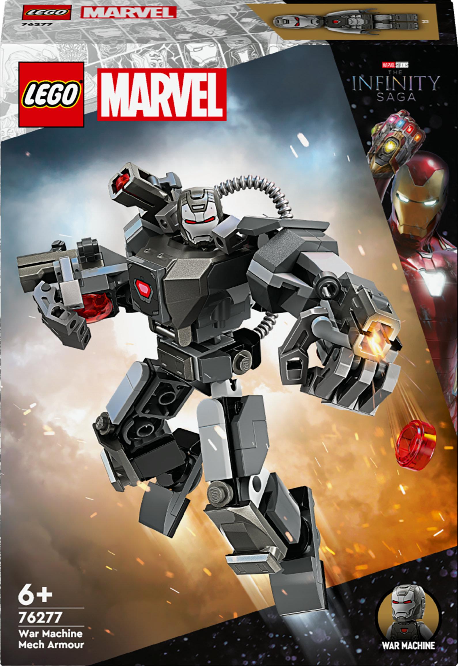 Eine Lego Marvel War Machine Mech Armour Set-Box auf weißem Hintergrund.