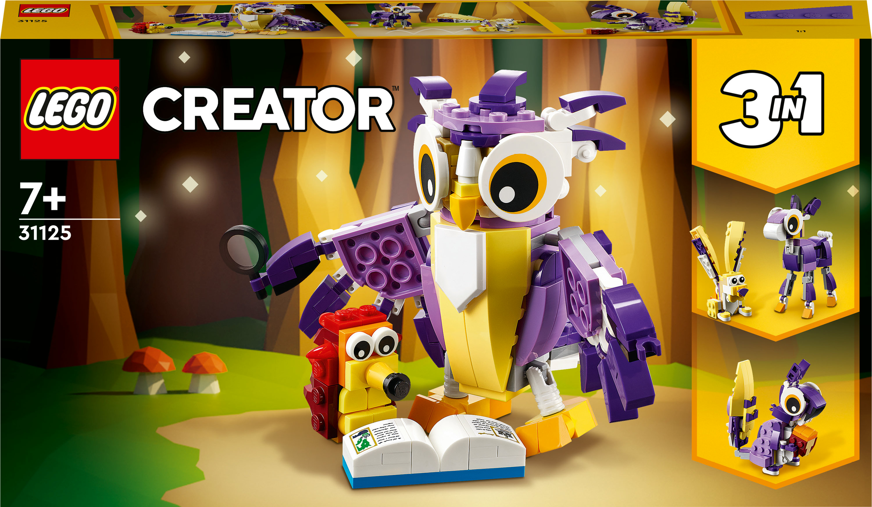 Una caja de set LEGO Creator con un búho, un erizo y otras figuras de animales.