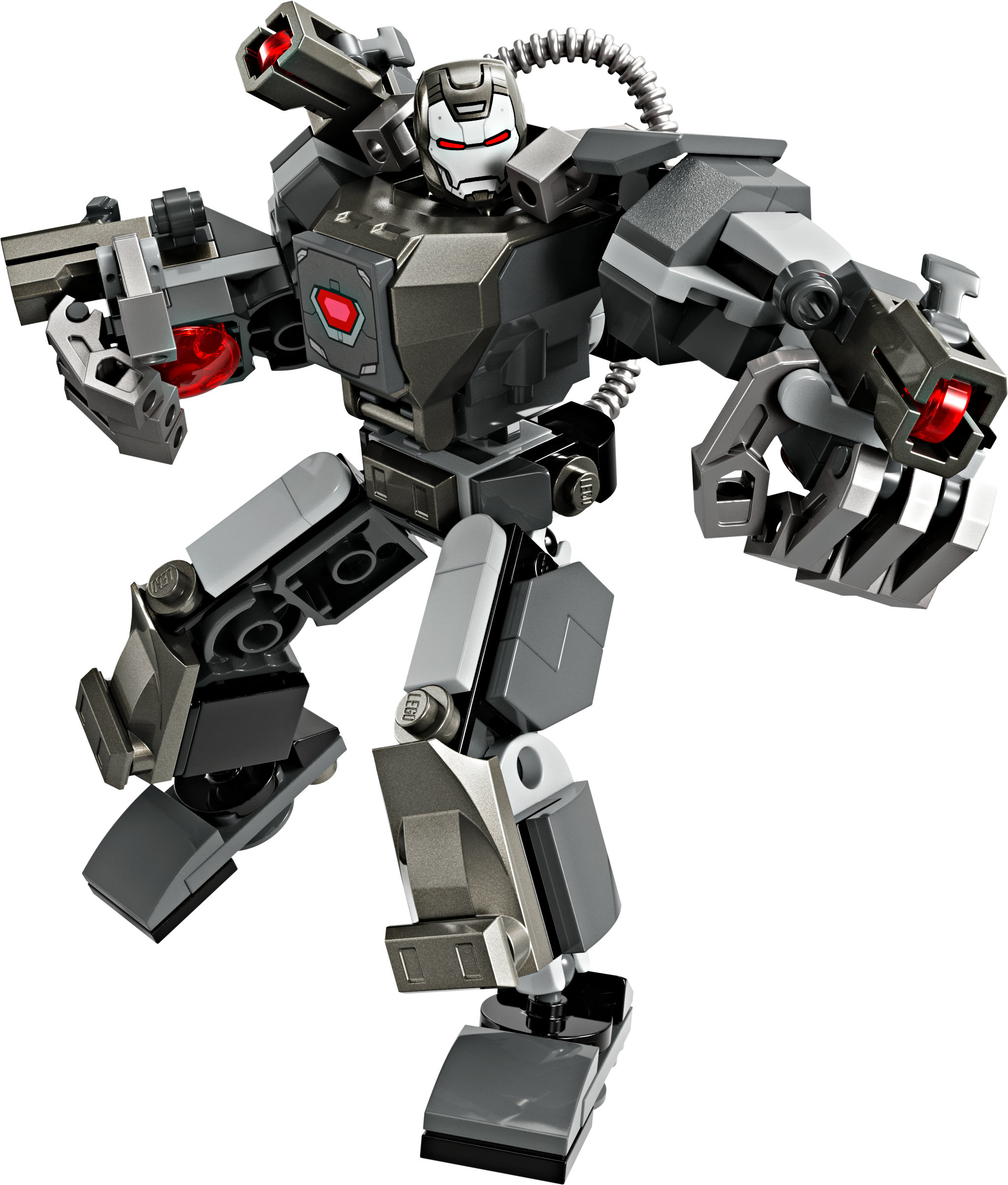 Eine Lego-Figur eines Roboters in Dunkelgrau und Schwarz mit roten Akzenten und mehreren Waffen an den Armen.