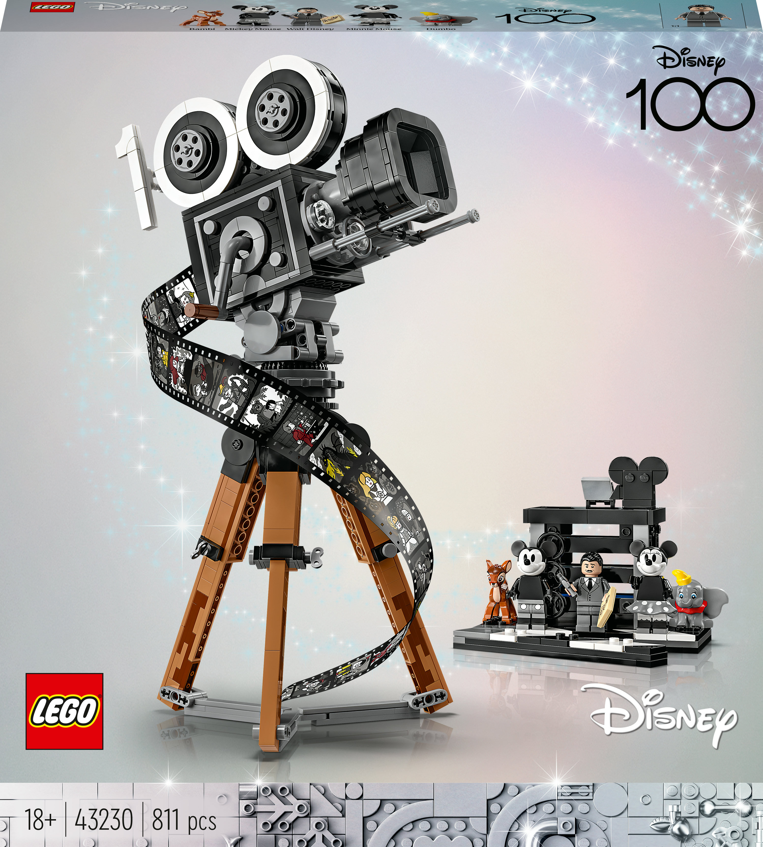 Zestaw aparatu Lego Disney. Czarno-biały film, szpula filmowa i figurki Myszki Miki i przyjaciół. Logo Disney 100.