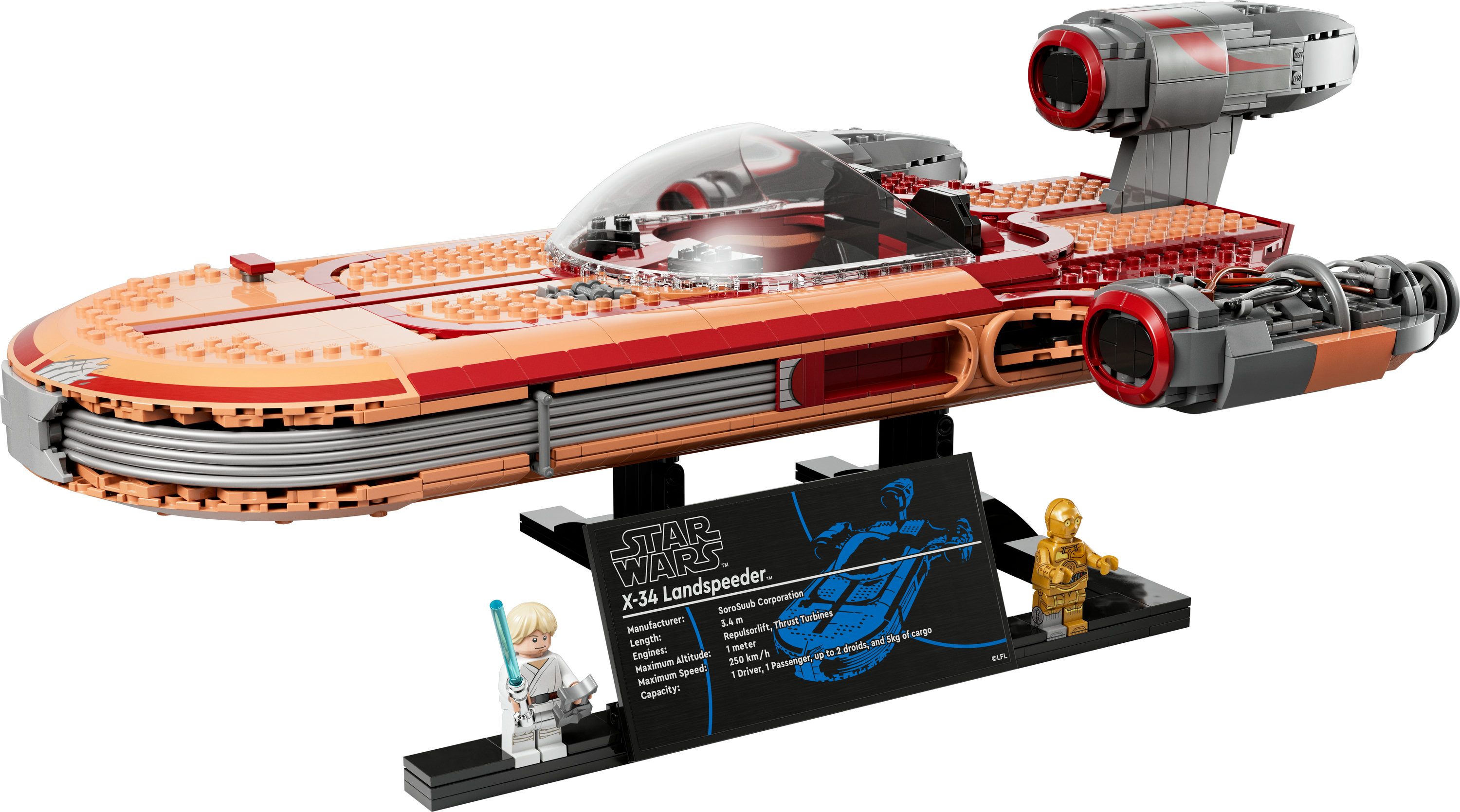 Model Star Wars Landspeeder z figurkami Luke'a Skywalkera i C-3PO na czarnym stojaku.