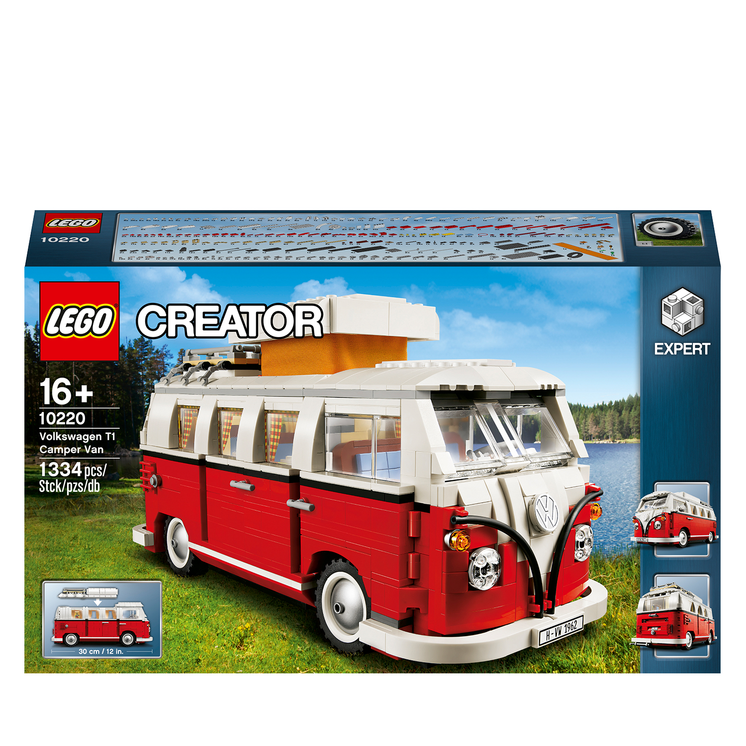 Lego Creator Volkswagen T1 Camper Van Box. Das Van-Modell wird dargestellt. Der Hintergrund ist ein blauer Himmel mit Bäumen.