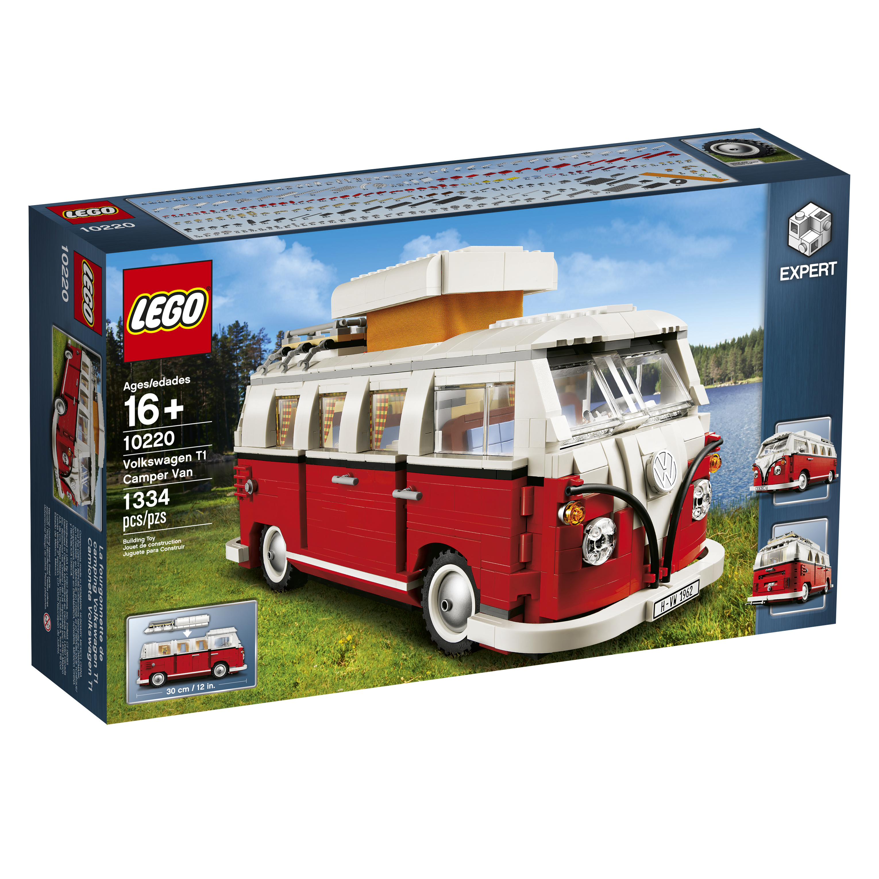 Lego-Box eines rot-weißen VW-Campervans. Die Box zeigt das zusammengebaute Modell und Details.