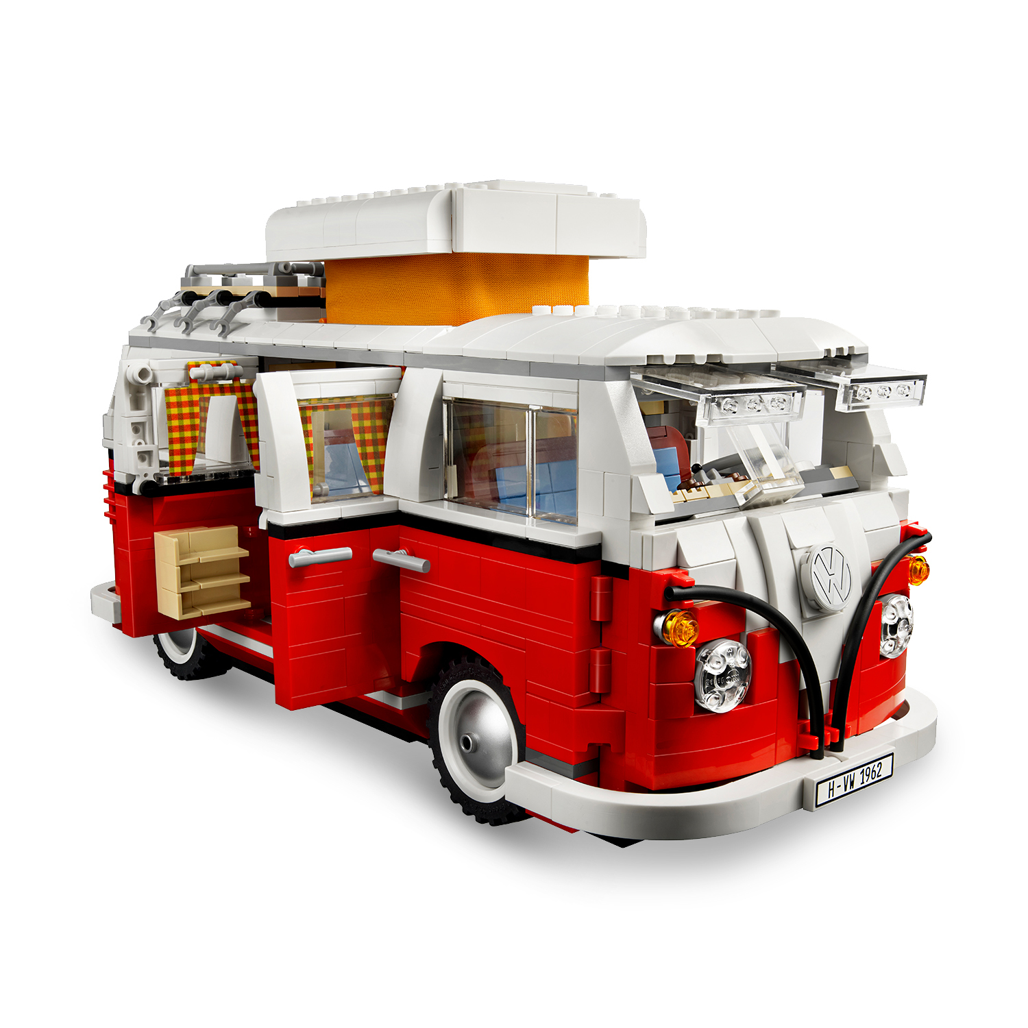 Ein rot-weißer Lego VW-Campingbus mit offenen Türen.