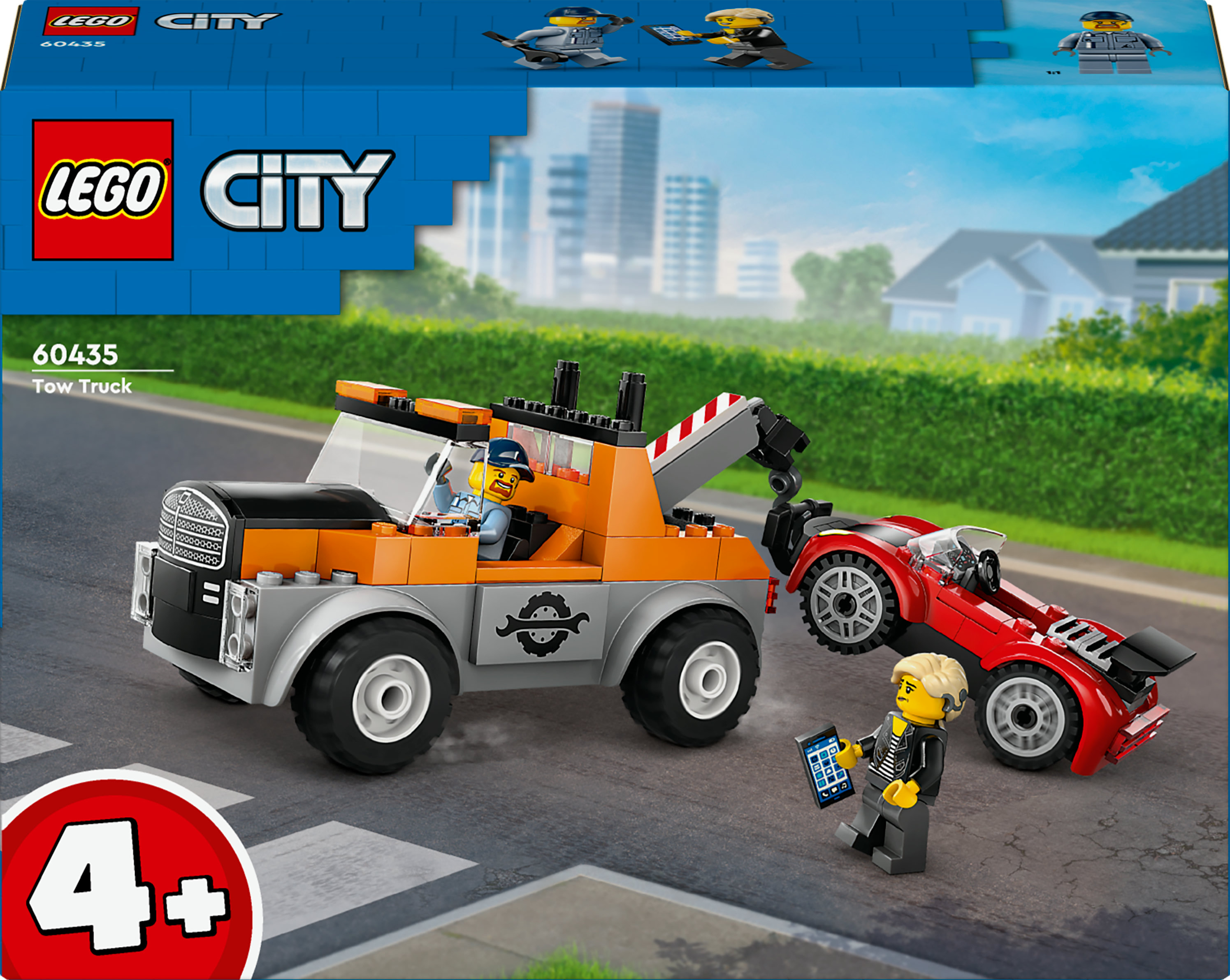 Pudełko zestawu Lego City z lawetą, czerwonym sportowym samochodem i dwiema minifigurkami.