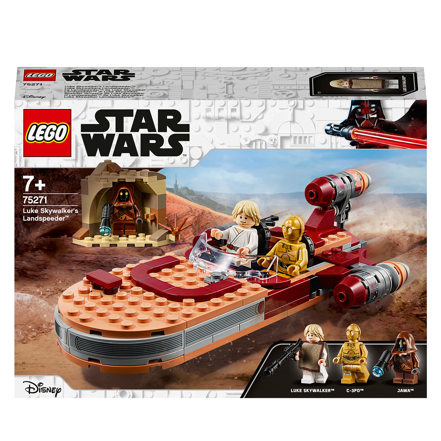 LEGO Star Wars set with Luke, C-3PO, Jawa, and Landspeeder.