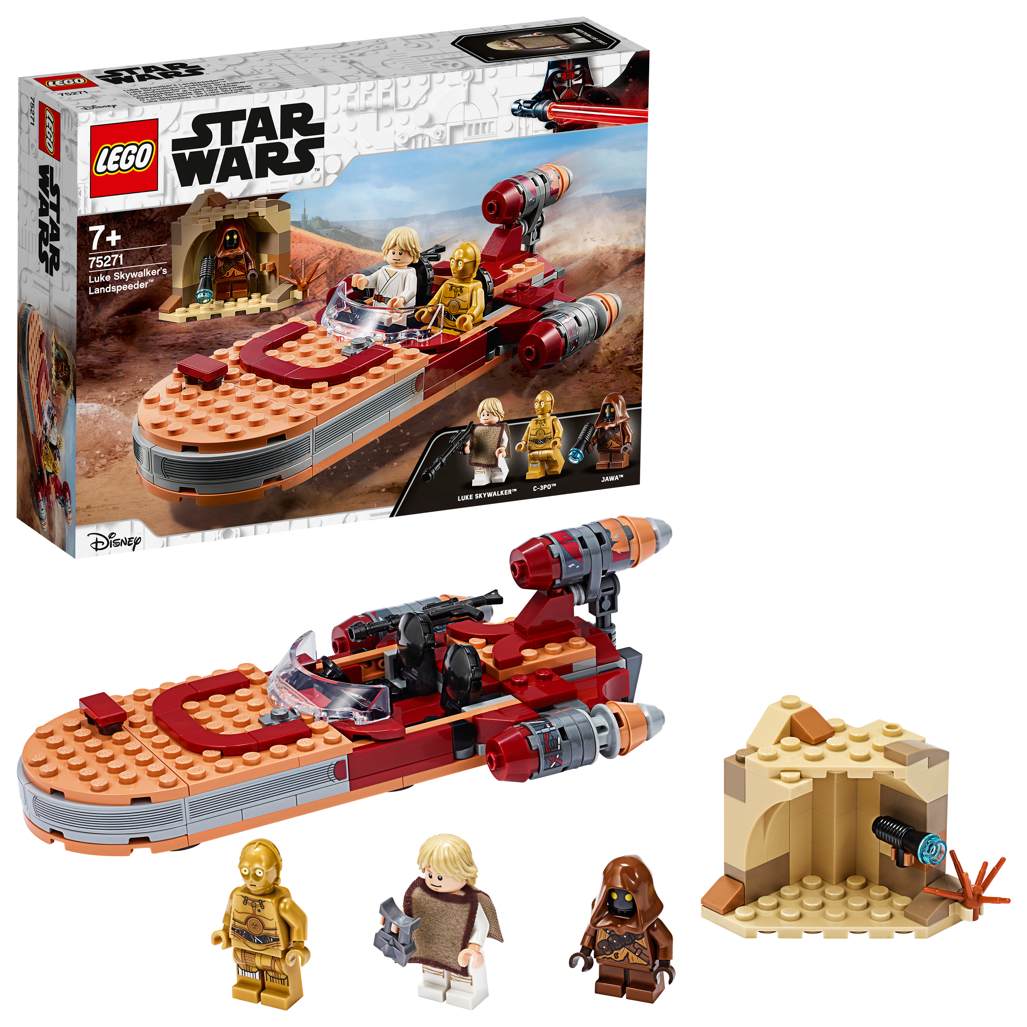 Lego Star Wars set: Luke's Landspeeder, figures, and a building, on a white background.