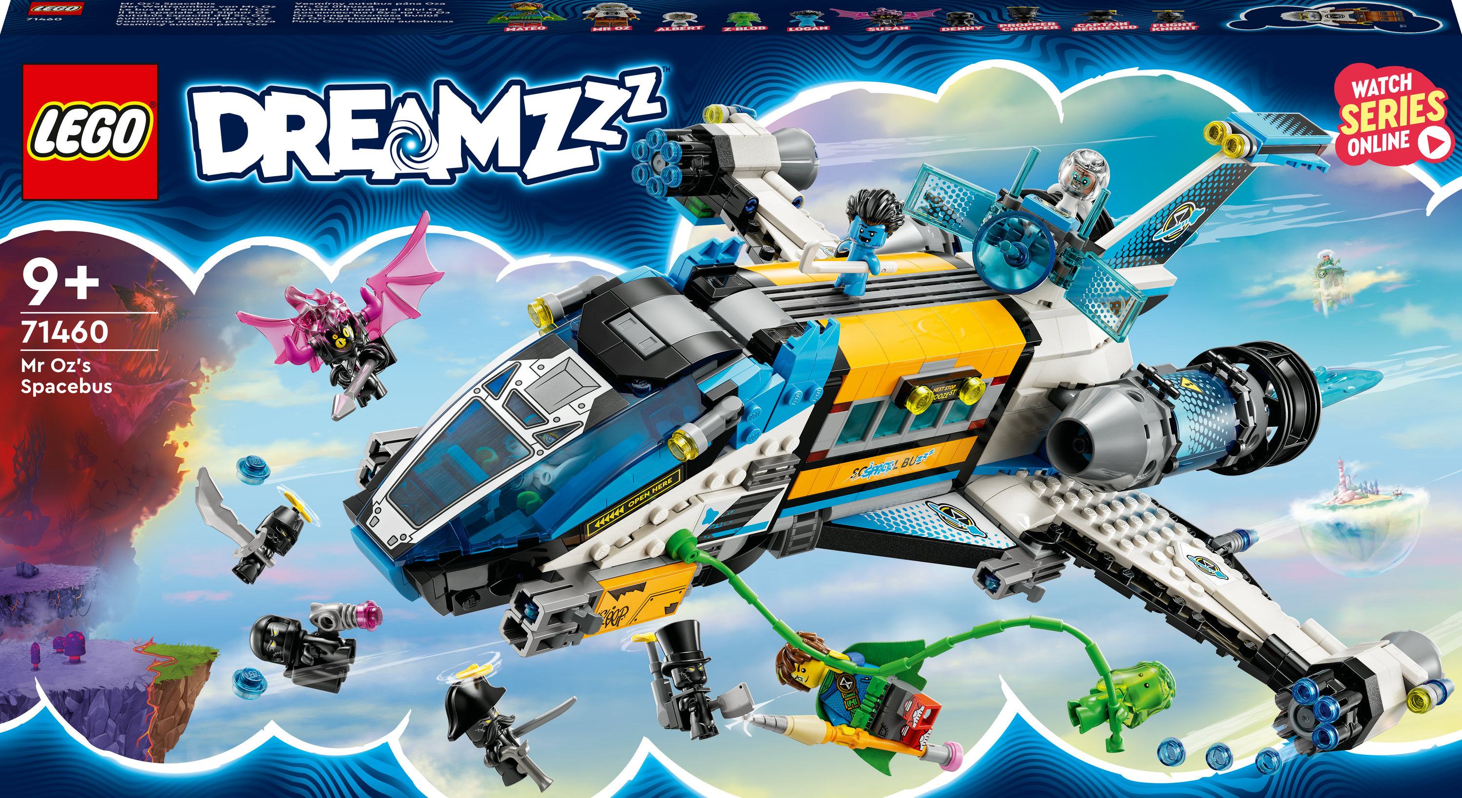Lego Dreamzzz Spacebus, ein blaues, gelbes und weißes Raumschiff mit Figuren von Piloten und fliegenden Kreaturen. Szenenhintergrund.