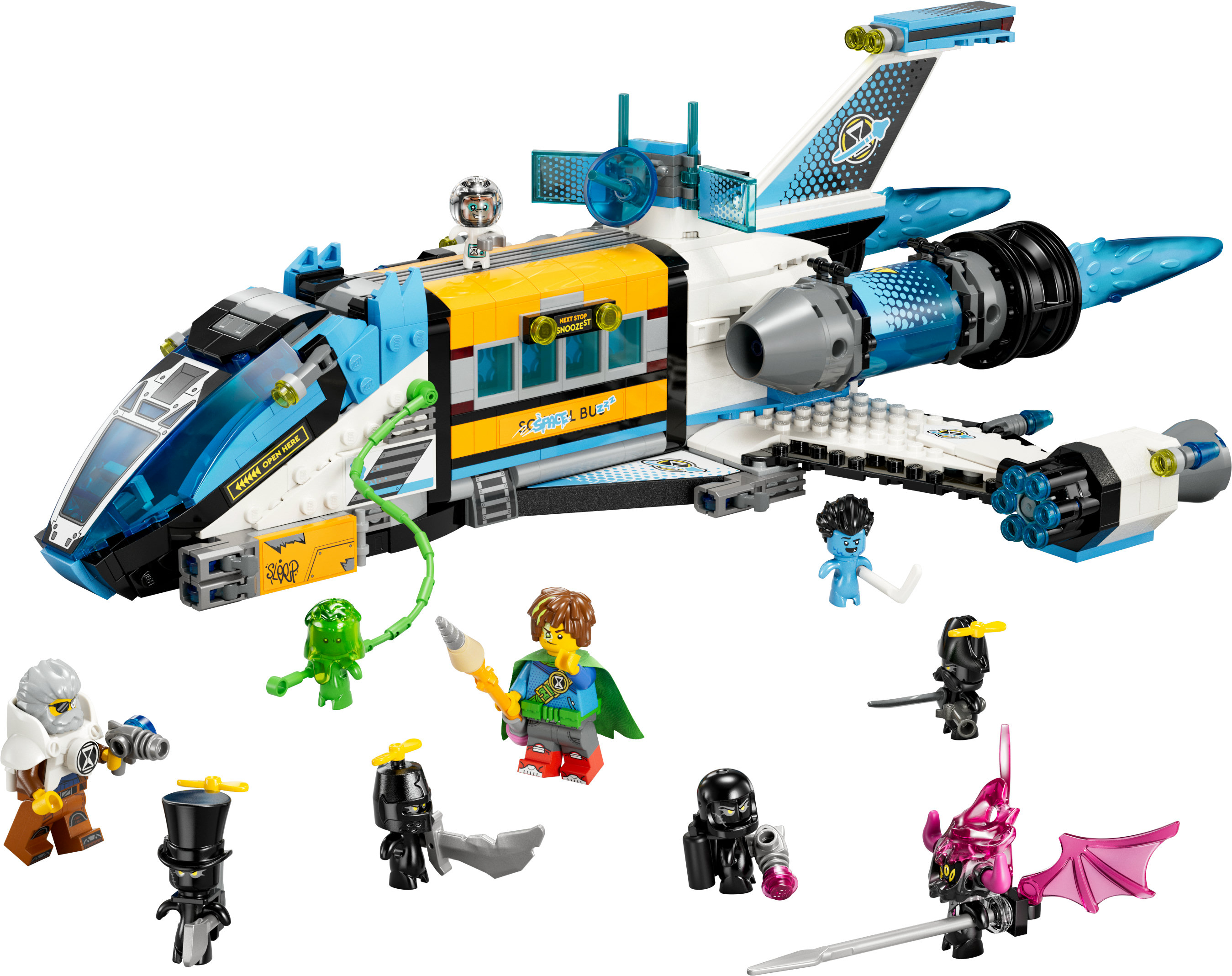 Ein Lego-Set, das ein Raumschiff mit Figuren darstellt. Das Schiff hat ein blaues und weißes Farbschema.