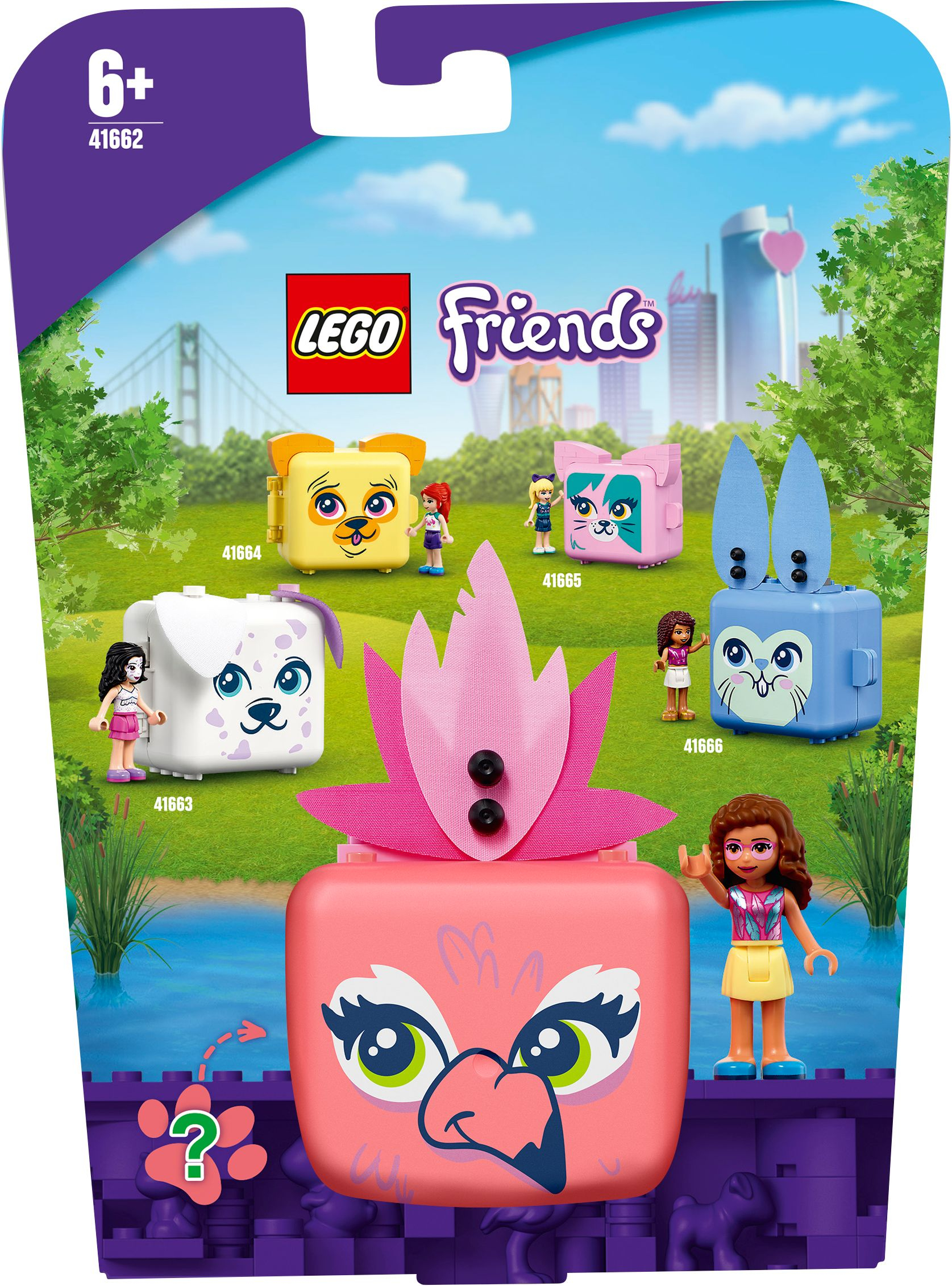 Eine Lego Friends-Verpackung mit mehreren kleinen Tierfiguren und Mini-Puppen, vor einem Hintergrund.