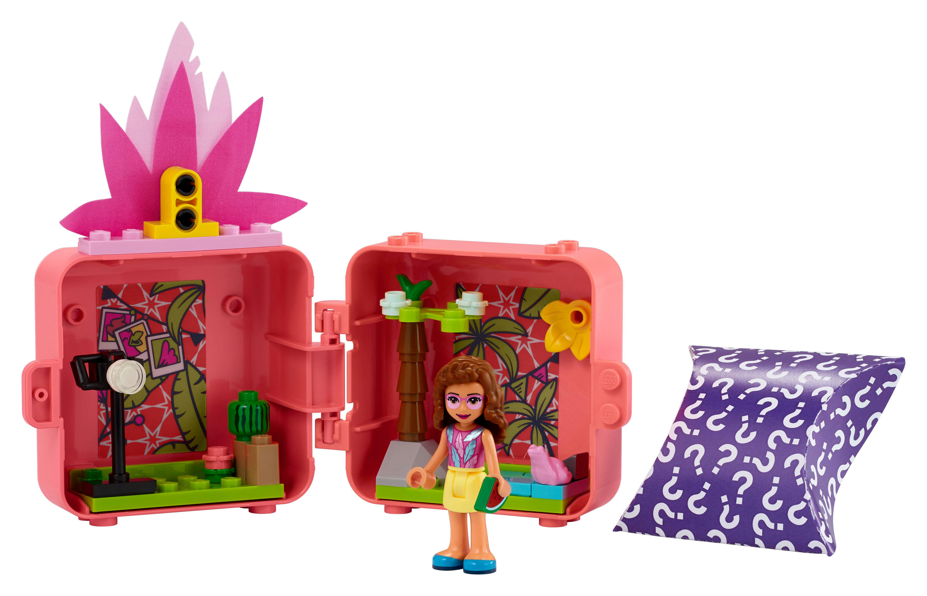 Lego Friends Set mit einem rosa Café. Enthält eine Minifigur, einen Tisch und eine Überraschungstüte.