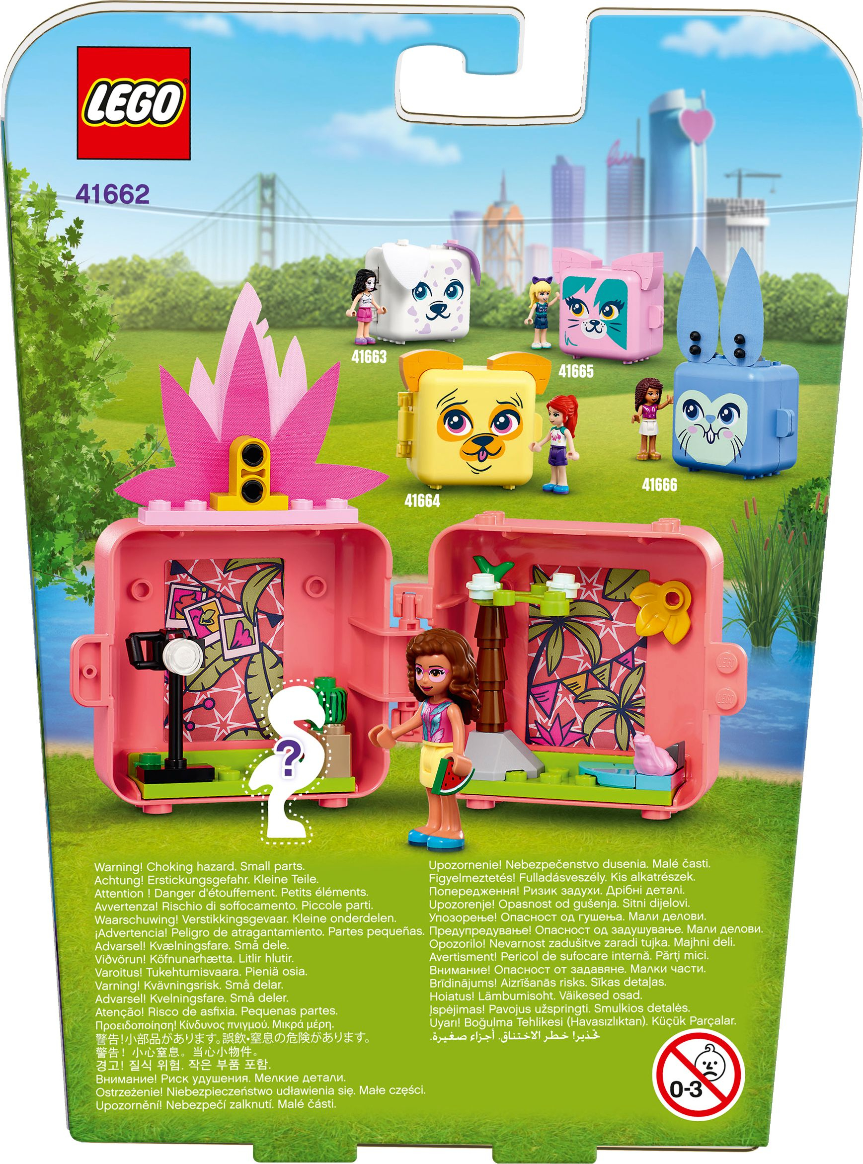 Eine LEGO Friends Set-Box, die eine rosa Box, Figuren und eine Szene zeigt.