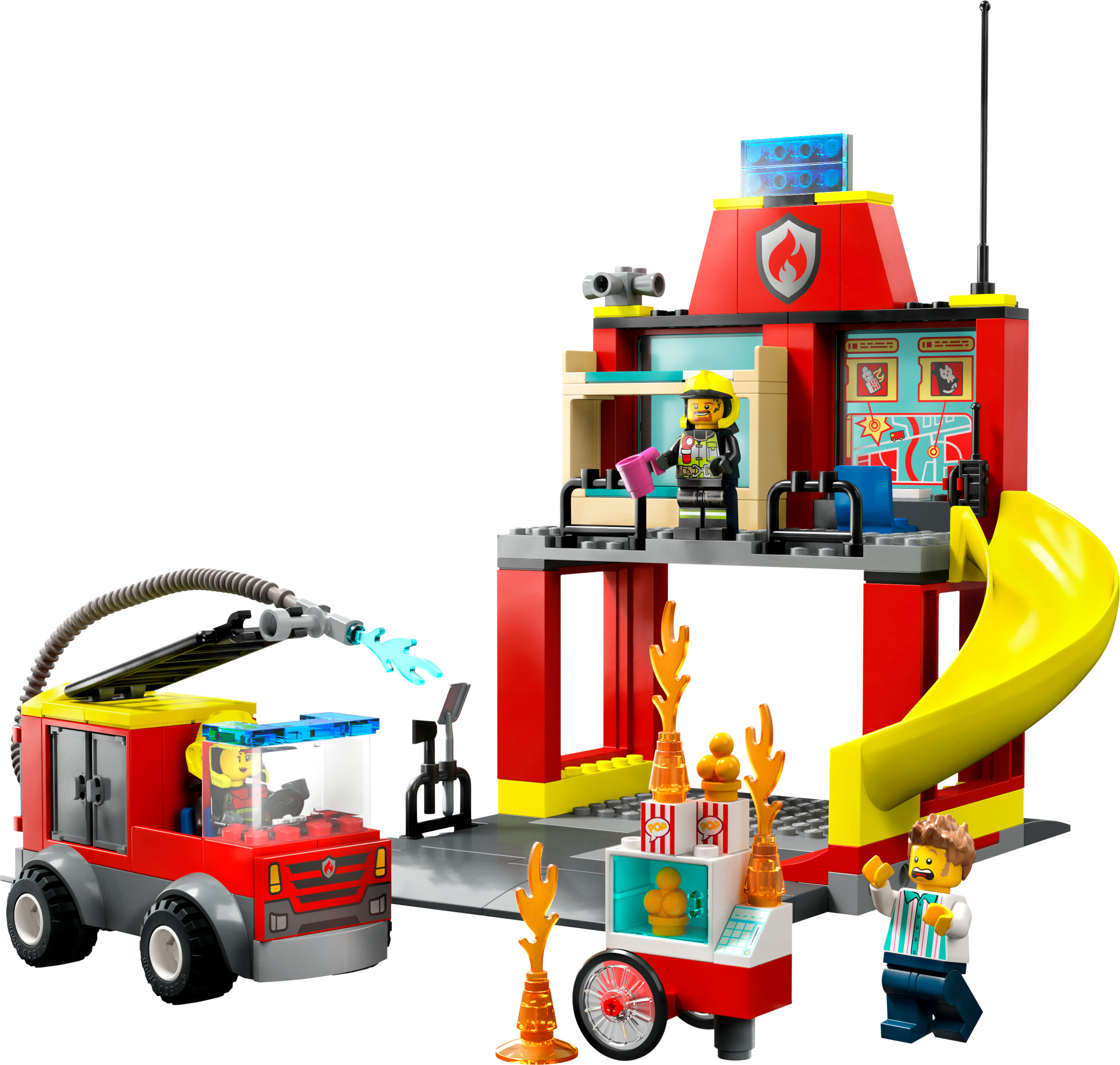 Set de Lego City de estación de bomberos con camión de bomberos y carrito de comida. Figuras de bomberos y personas.