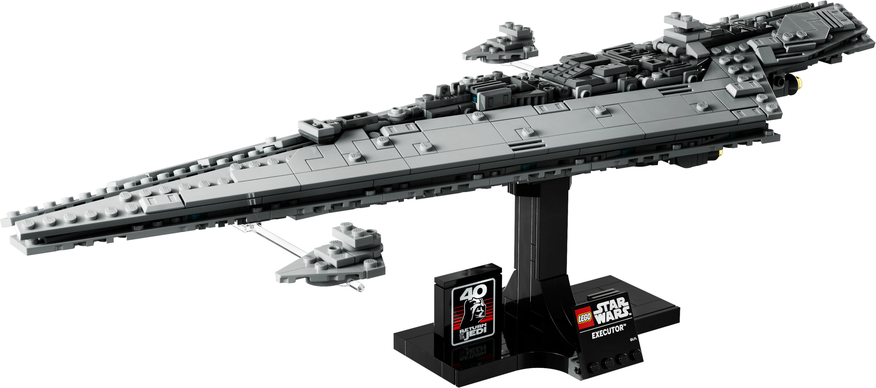 Model Lego Star Wars Executor na stojaku, z logo i tekstem Star Wars.