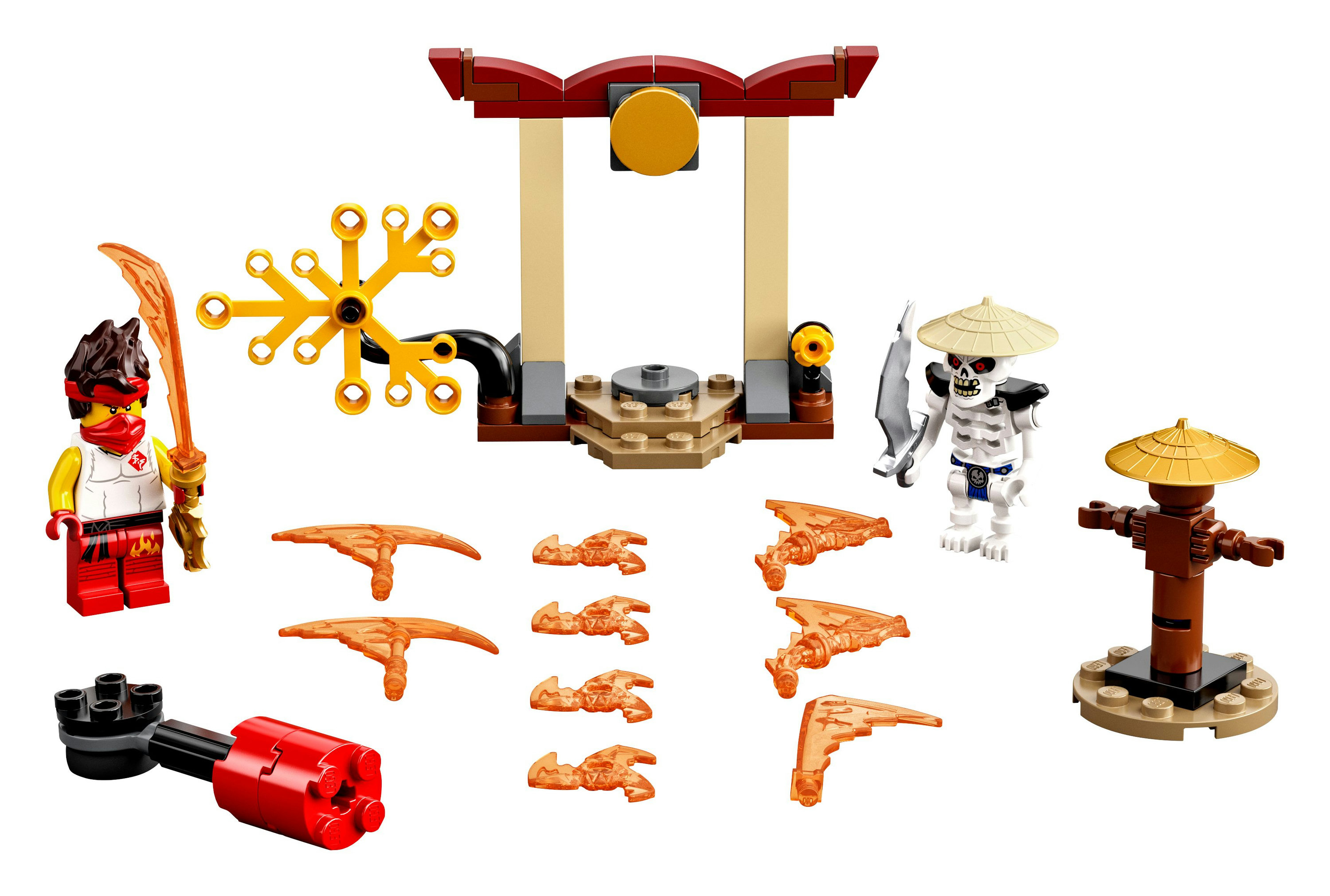 Zestaw Lego Ninjago. Postacie, brama i inne elementy konstrukcyjne.