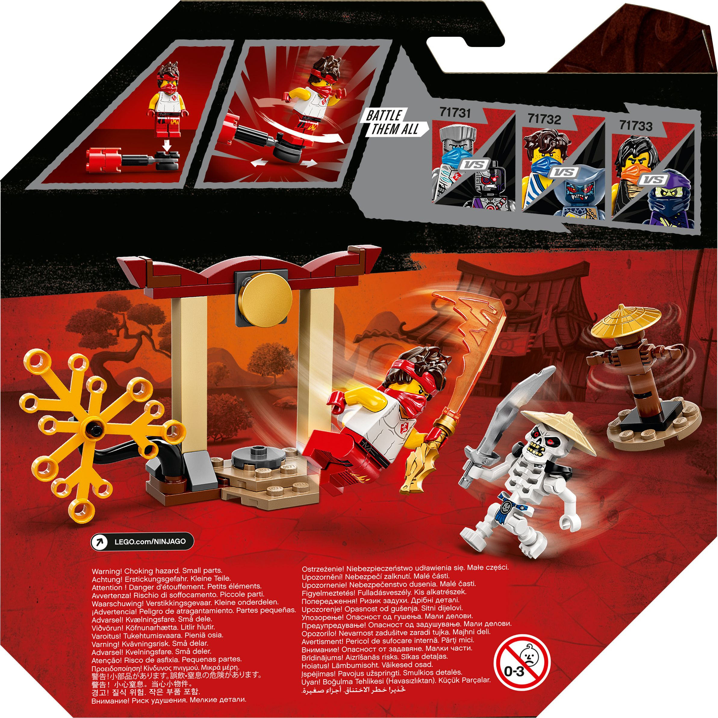 Zestaw Lego Ninjago z figurkami. Ninja z mieczem walczy z szkieletowym wojownikiem.